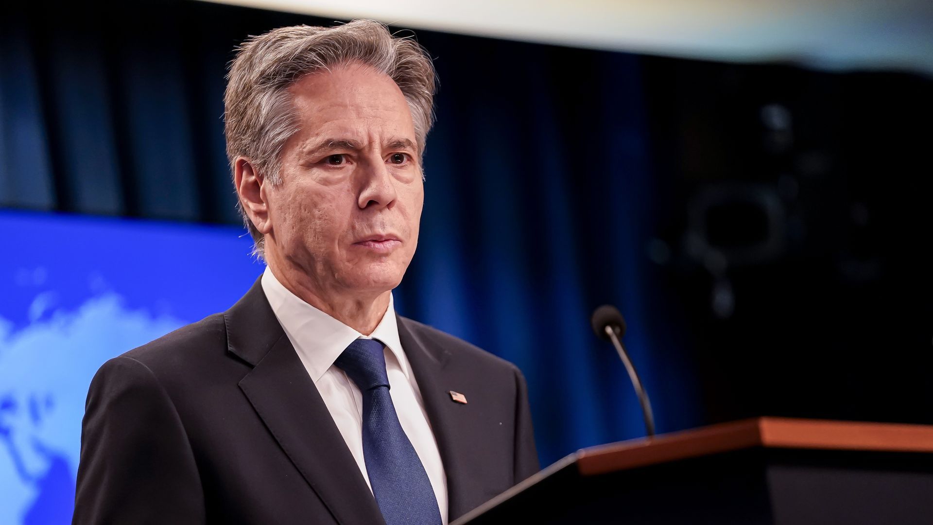 Secretary of State Antony Blinken speaks at a news conference on Dec. 20, 2023. Photo: Nathan Howard/Bloomberg via Getty Images