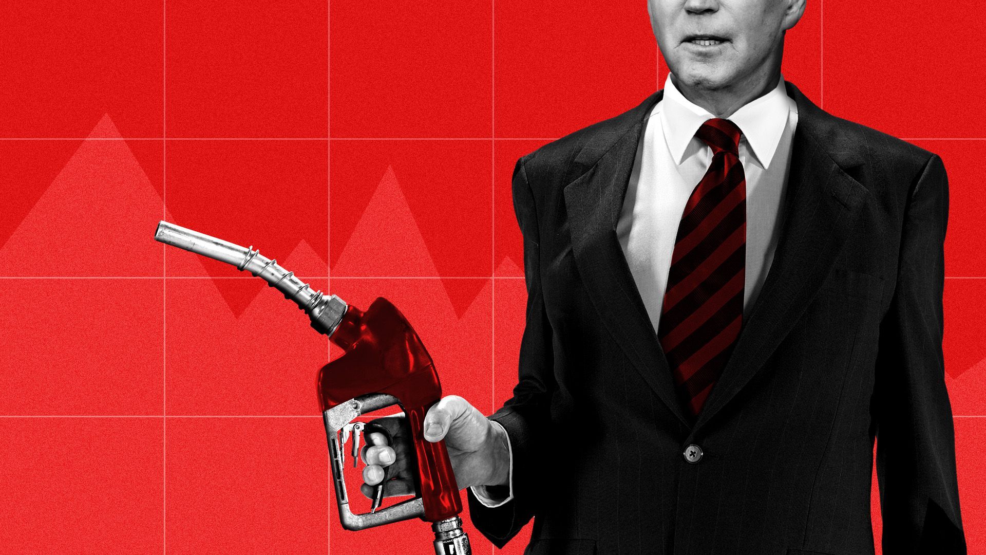 Photo illustration of President Biden holding a gas nozzle in front of a chart