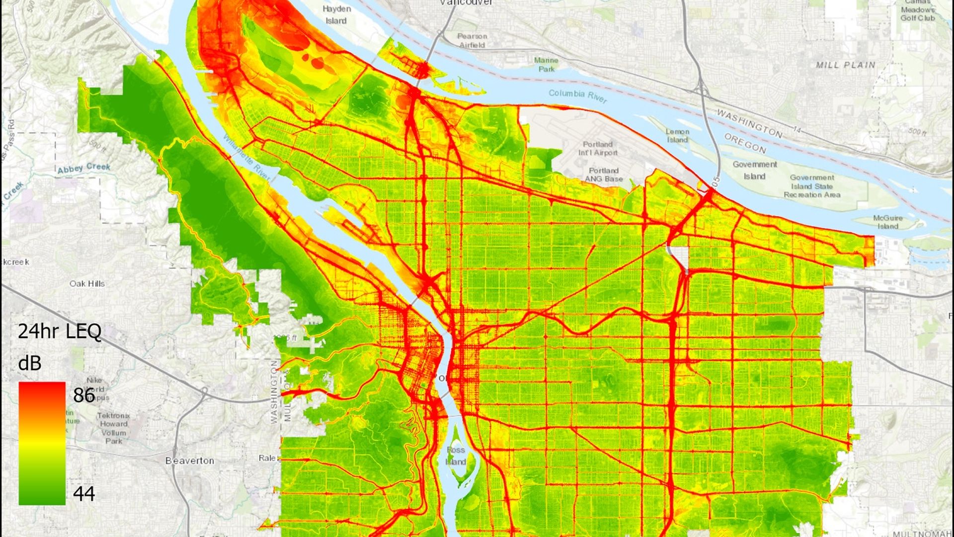 Map showing 24-hour average noise levels in Portland area with colors from green (44 dB) in quiet areas to red (86 dB) along busy roads and highways, including bridges and downtown.
