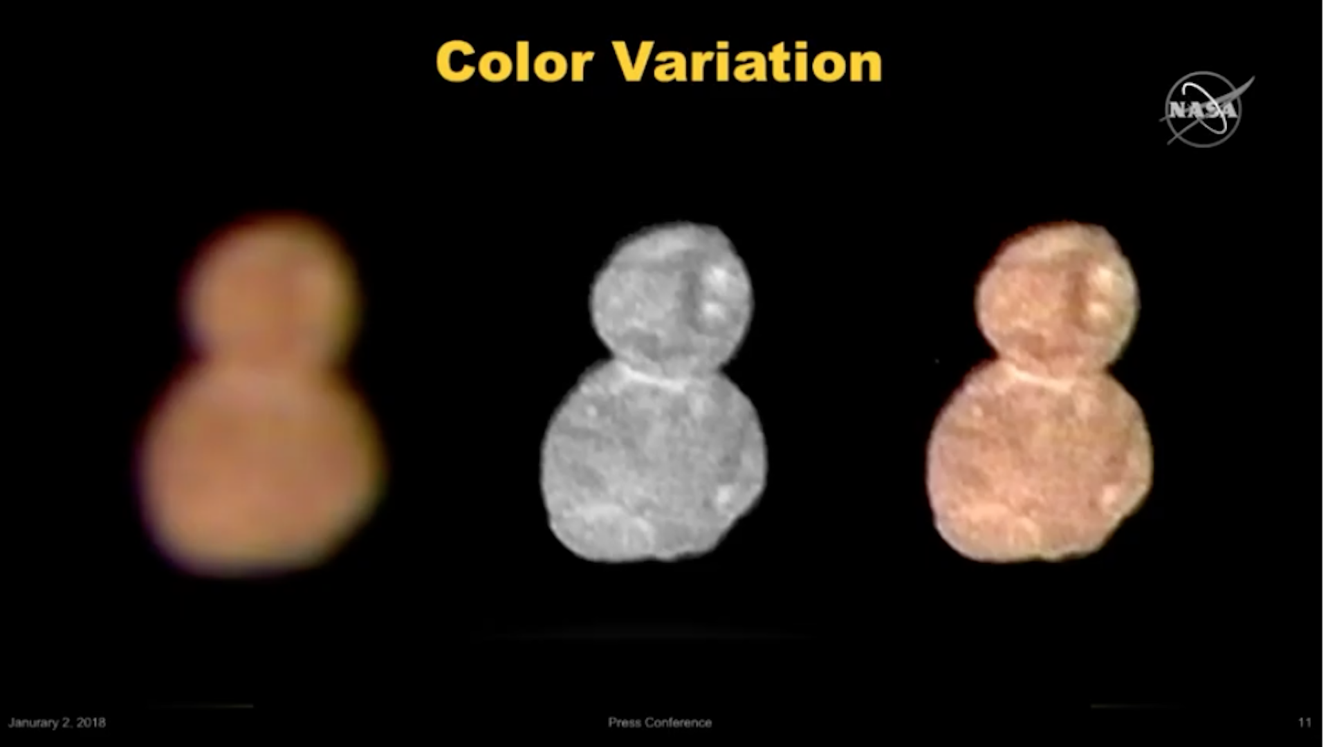 The first color image of Ultima Thule, taken at a distance of 85,000 miles on Jan. 1, 2019. 