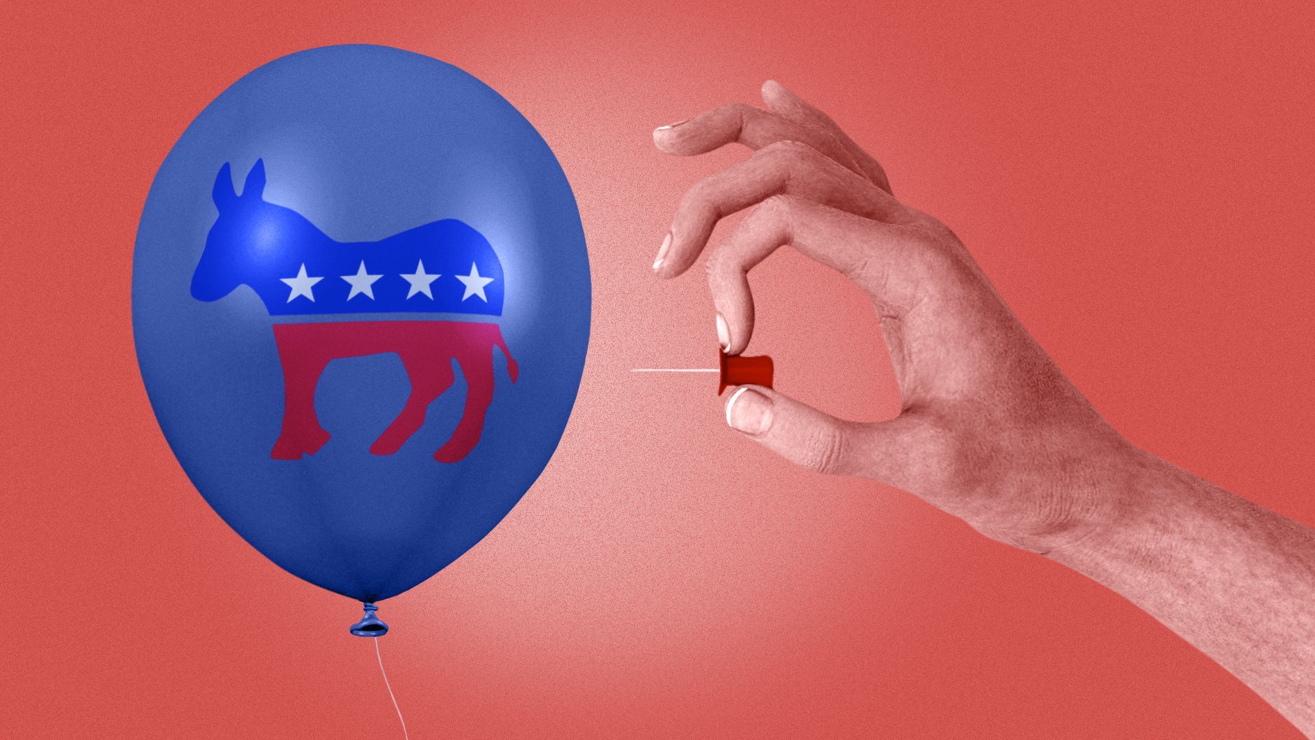Illustration of a hand reaching to pop a balloon featuring the Democrat logo.