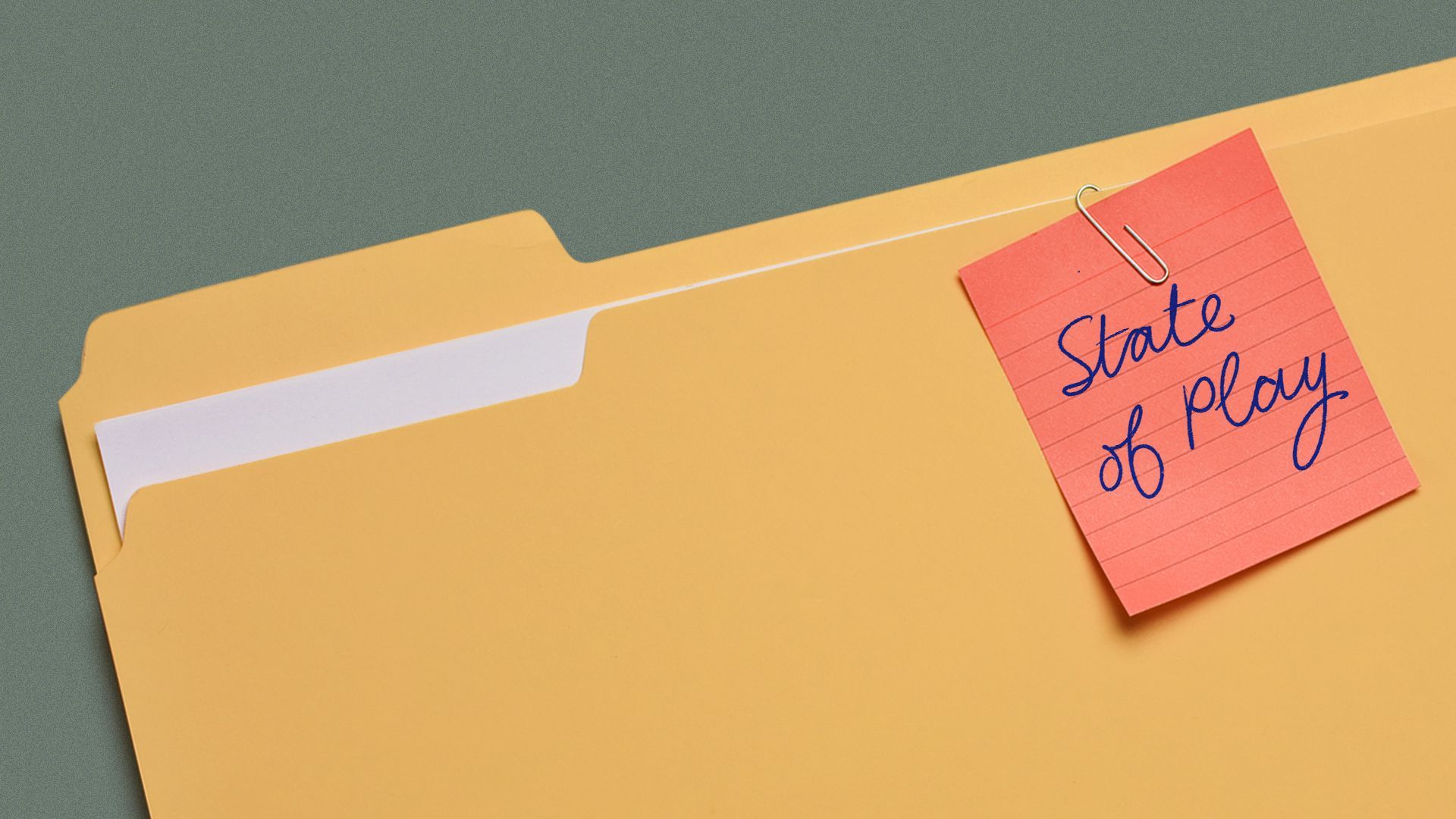 Illustration of a file foldler with a note that says "State of Play" paper clipped to it.