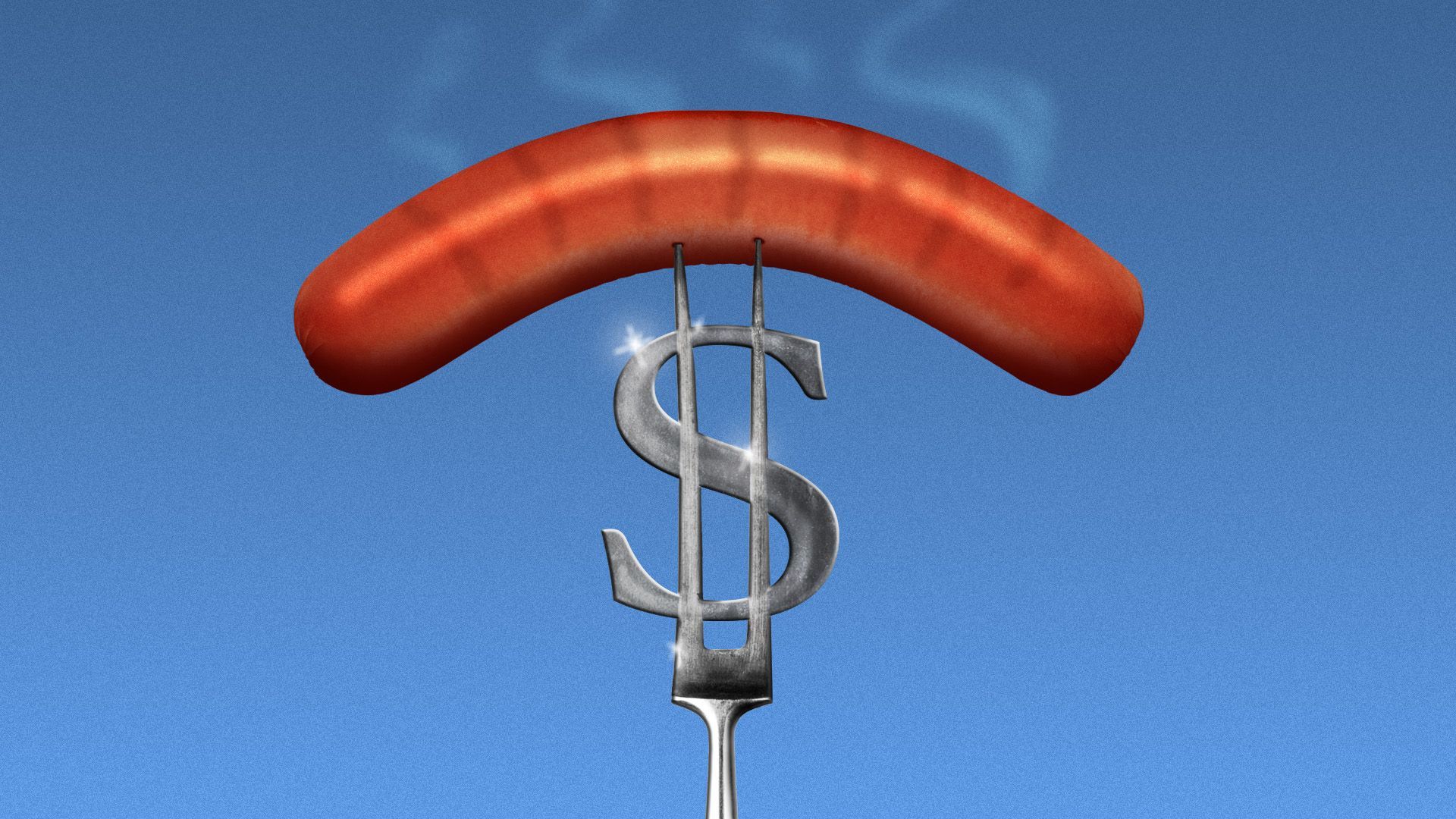 Illustration of a smoking hotdog on a pronged BBQ fork in the shape of a dollar sign