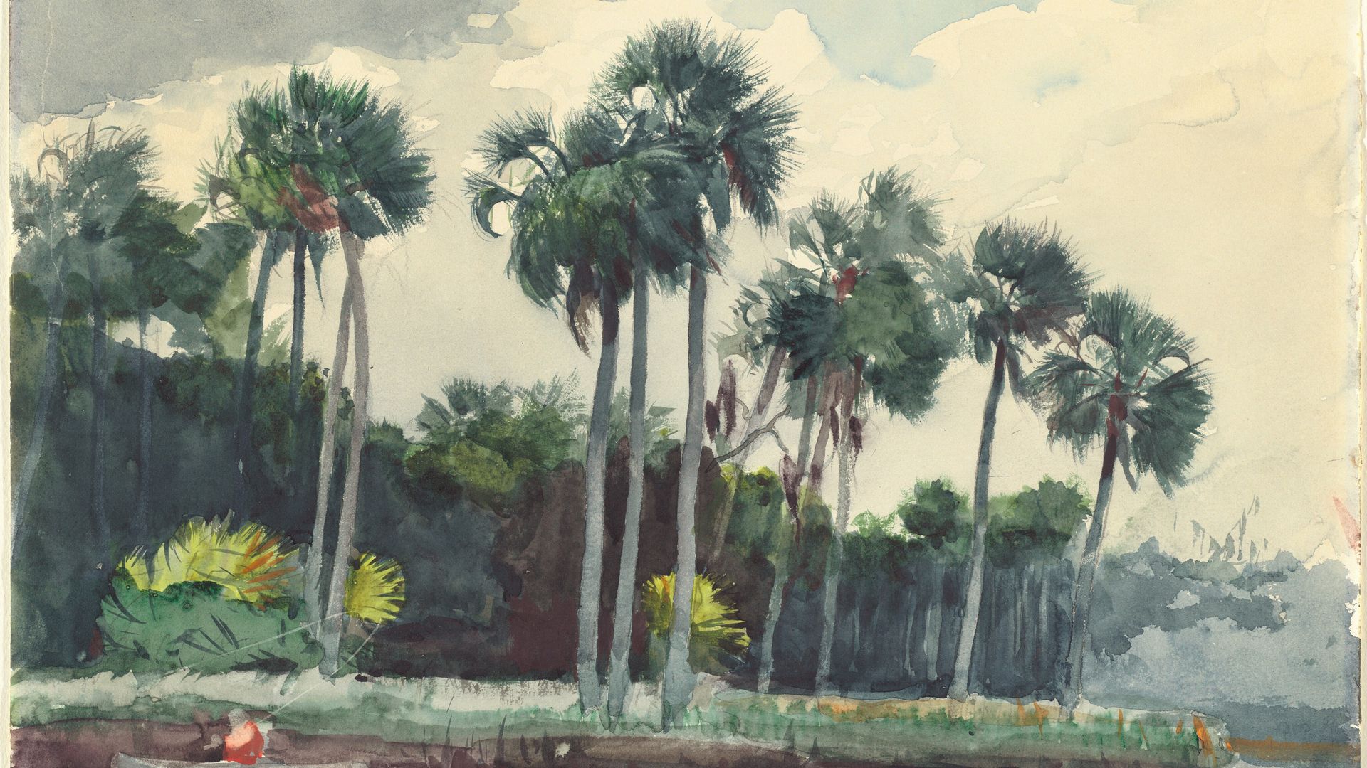 Watercolor painting of someone in a red shirt canoeing by some palm trees 