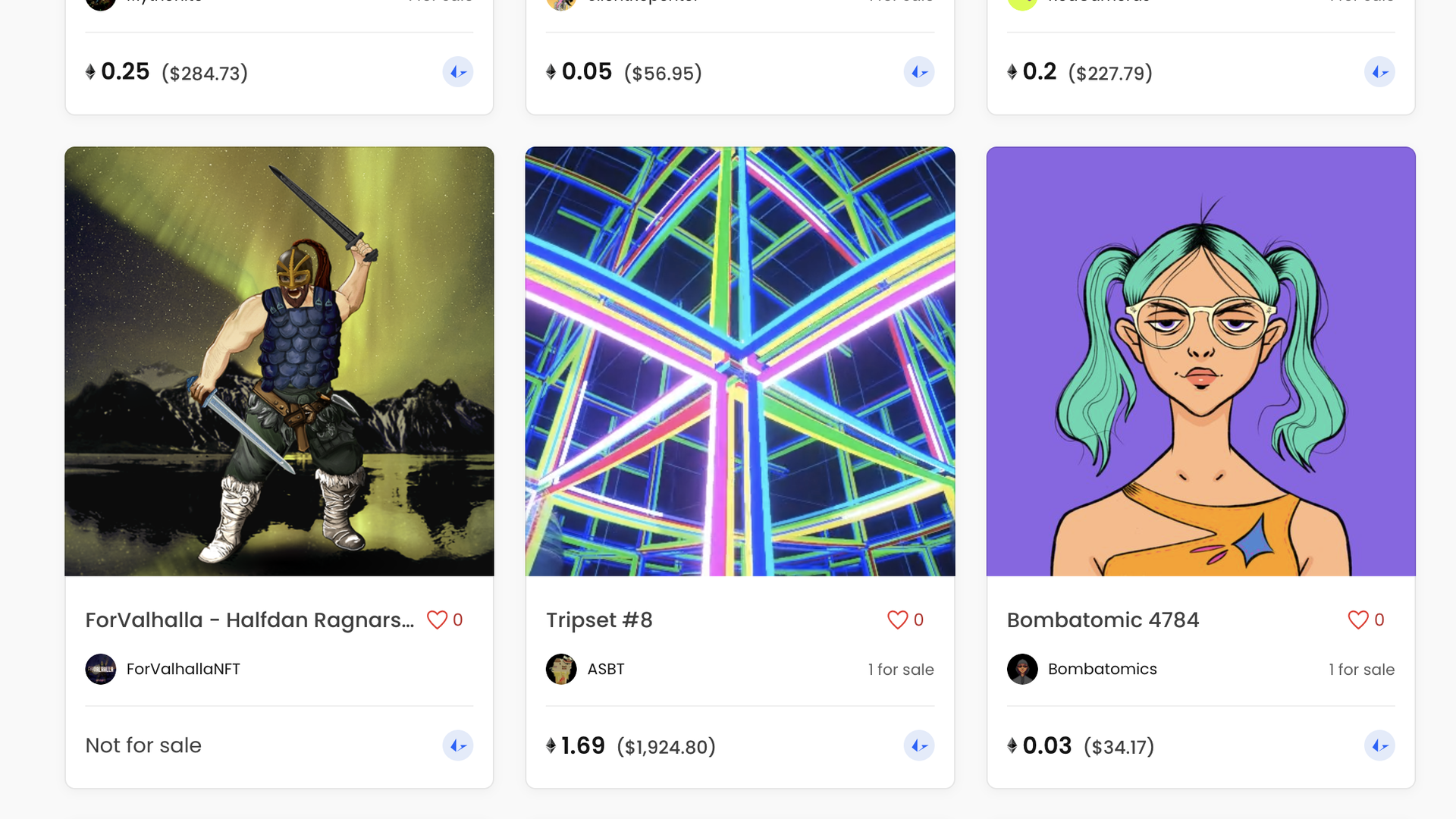 Screenshot of a website marketplace showing artwork and prices