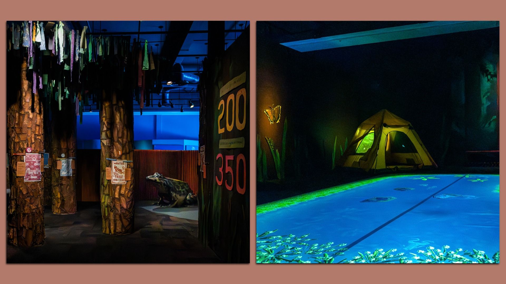 Two-panel image: left shows an indoor exhibit with tree-like columns, hanging fabrics, posters, and a crocodile statue; right shows a dark campsite with a yellow tent beside a glowing blue pool.