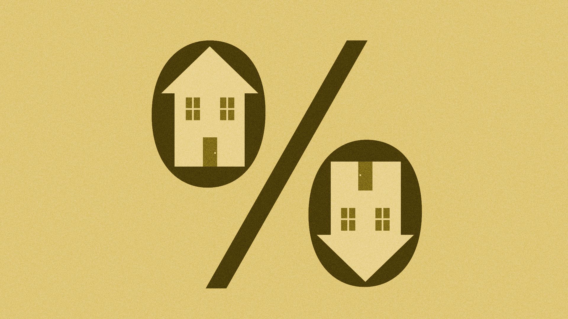 Illustration of a percent sign with a house and upside-down house within the zeroes, forming upward and downward pointing arrows.