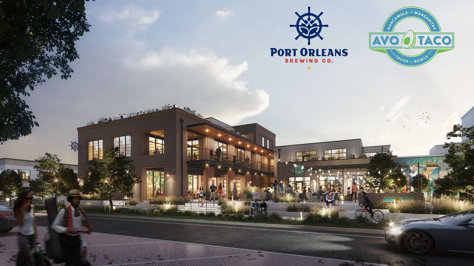 A rendering of Port Orleans shows the 3-story building at night. A lawn is covered with lights and shows greenery.