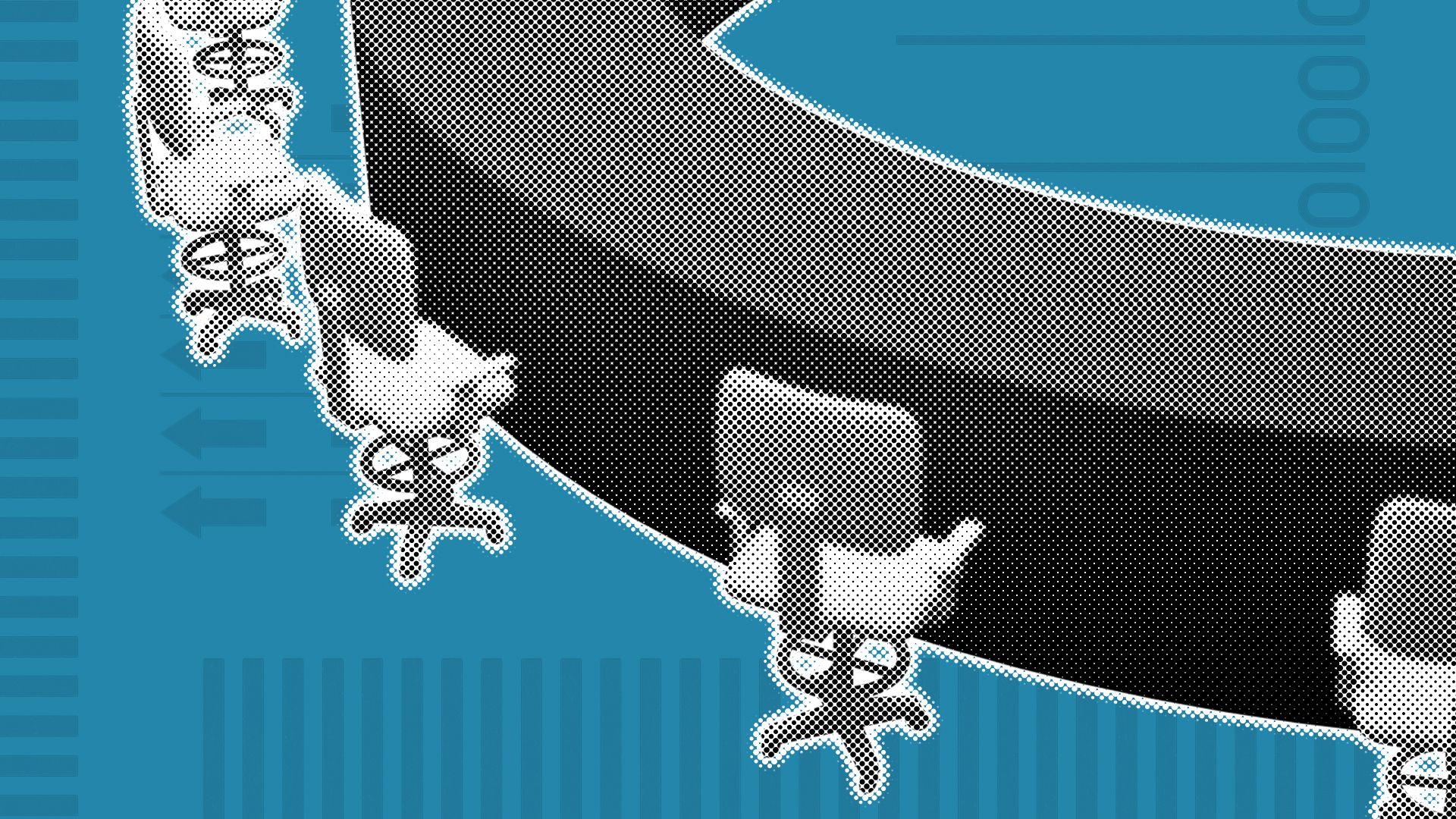 Illustration of a half-circle table with chairs around it over a blue background with elements of ballots.