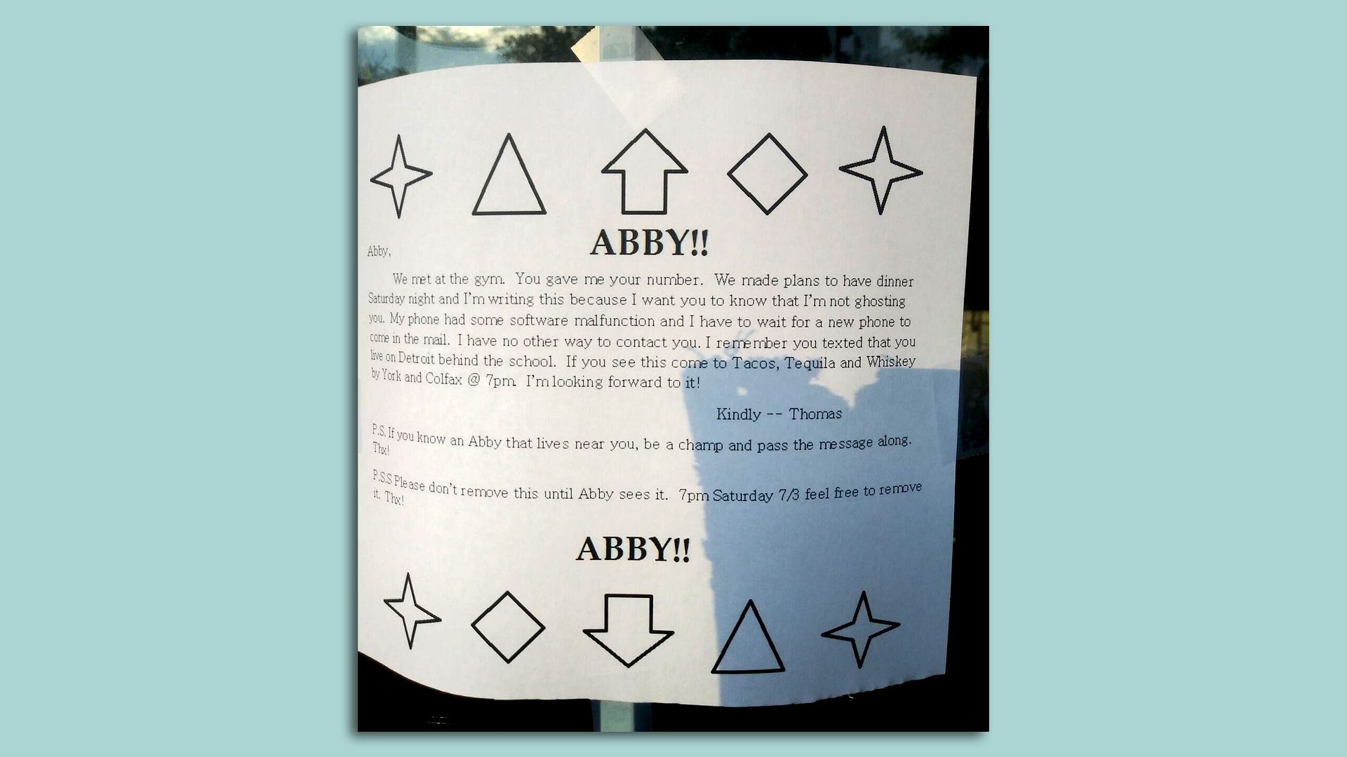 A letter posted on doors in Denver trying to find "Abby."