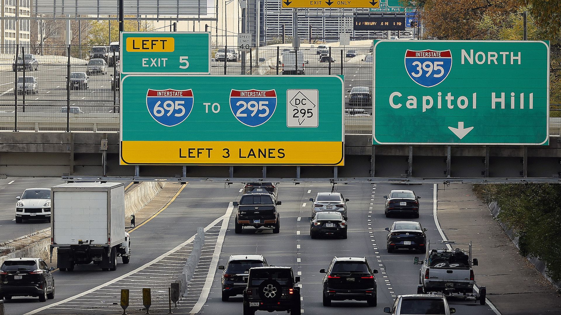 Vehicles travel on Interstate 395 on November 27, 2024 in Washington, DC. AAA reports a record 71 million are expected to travel by road for Thanksgiving, more than a million above last year's projection. (Photo by Kevin Dietsch/Getty Images)