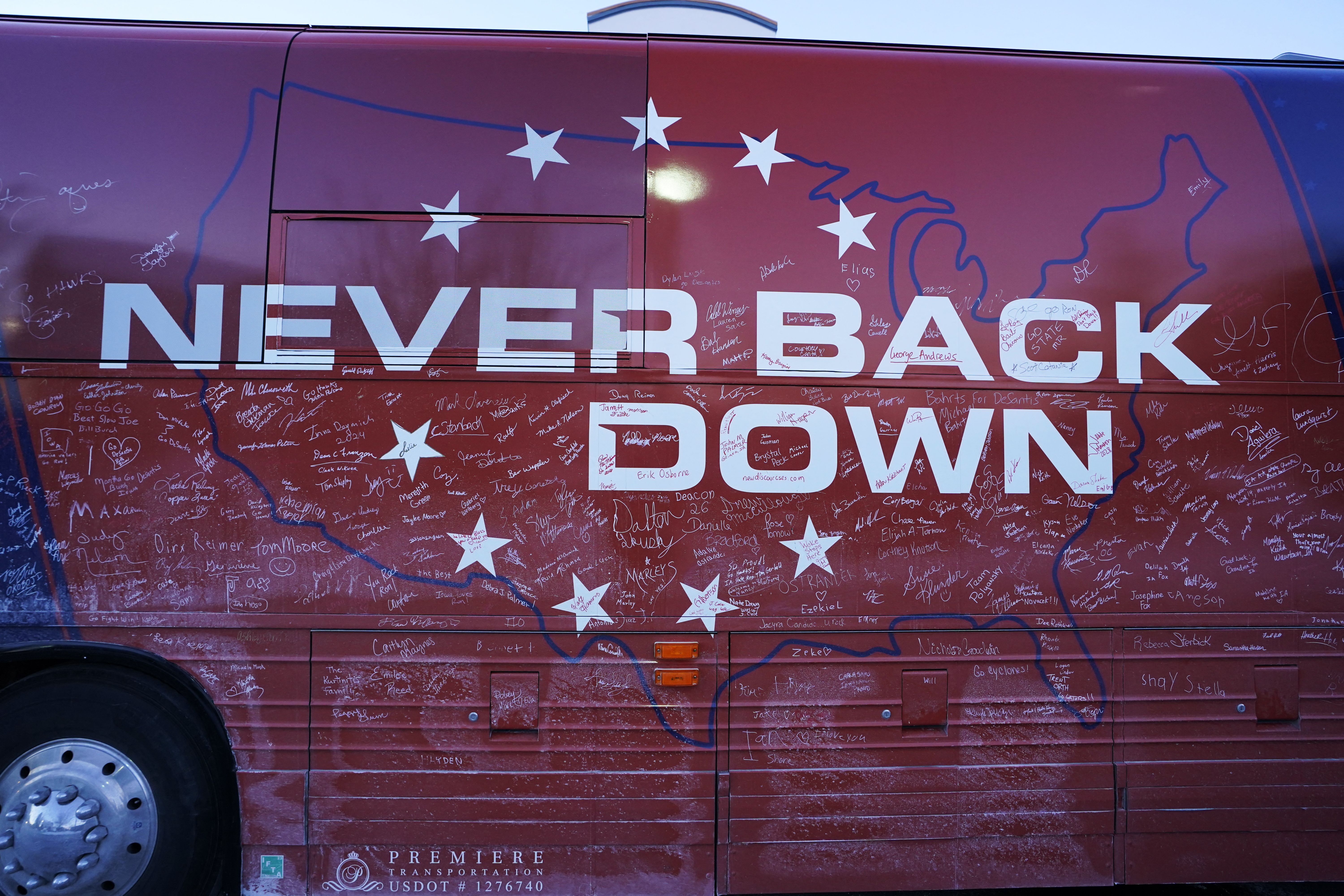 A campaign bus of Republican presidential hopeful and Florida Governor Ron DeSantis is seen outside a hotel in Manchester, New Hampshire, on January 21, 2024. Florida Governor Ron DeSantis, who was once the leading Republican rival to Donald Trump, ended his election campaign on January 21 and threw his support behind the former president.