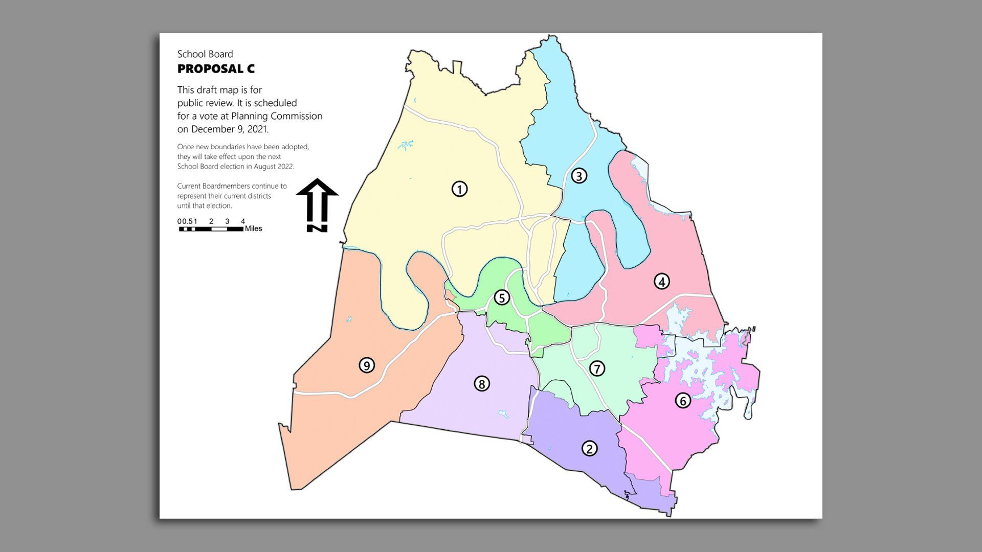 The proposed new Nashville school board districts in colored map form.