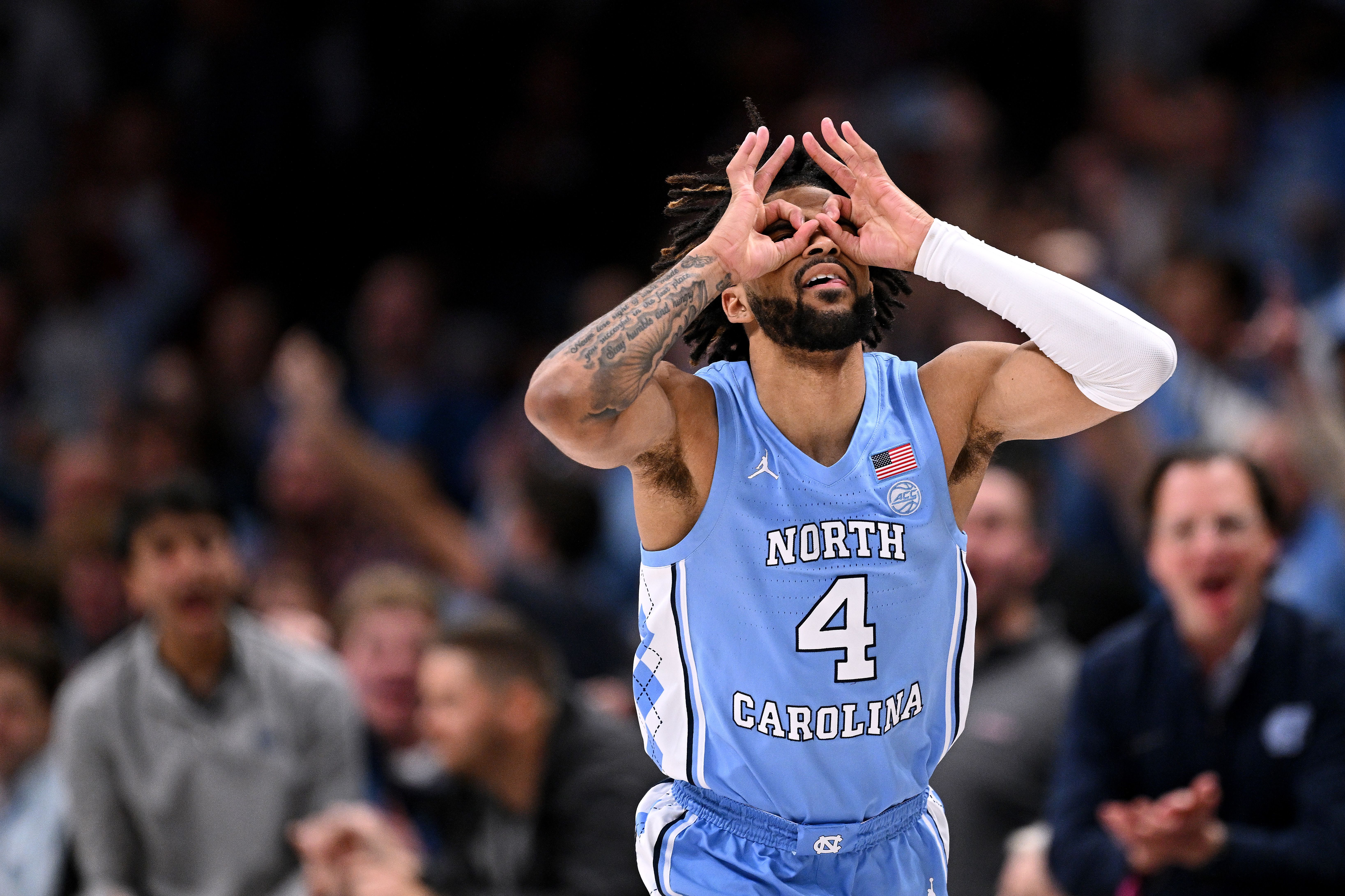 North Carolina's RJ Davis after hitting a three-point basket at Spectrum Center. Photo: Grant Halverson/Getty Images