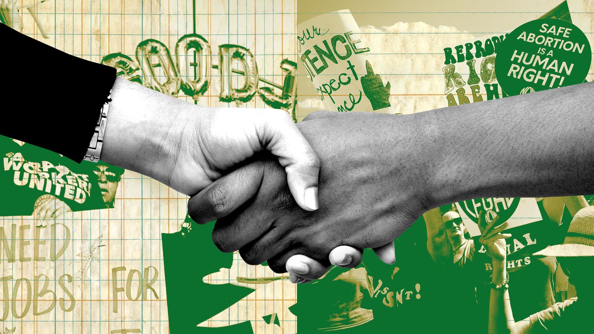 Photo illustration of two hands shaking in front of a collage of different photos of people protesting for labor protection and abortion rights.