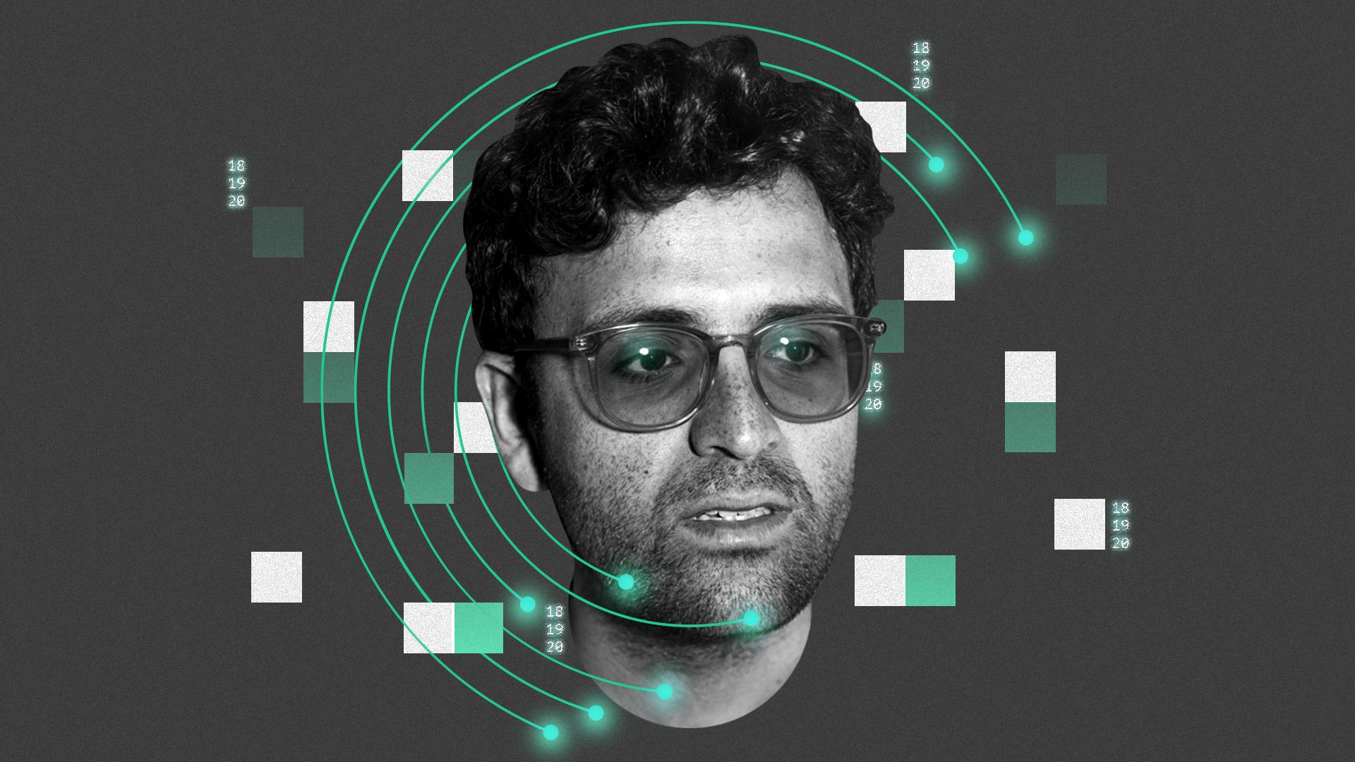 Photo illustration of Kashi's CEO Tarek Mansour surrounded by numbers and abstract economic symbols. 
