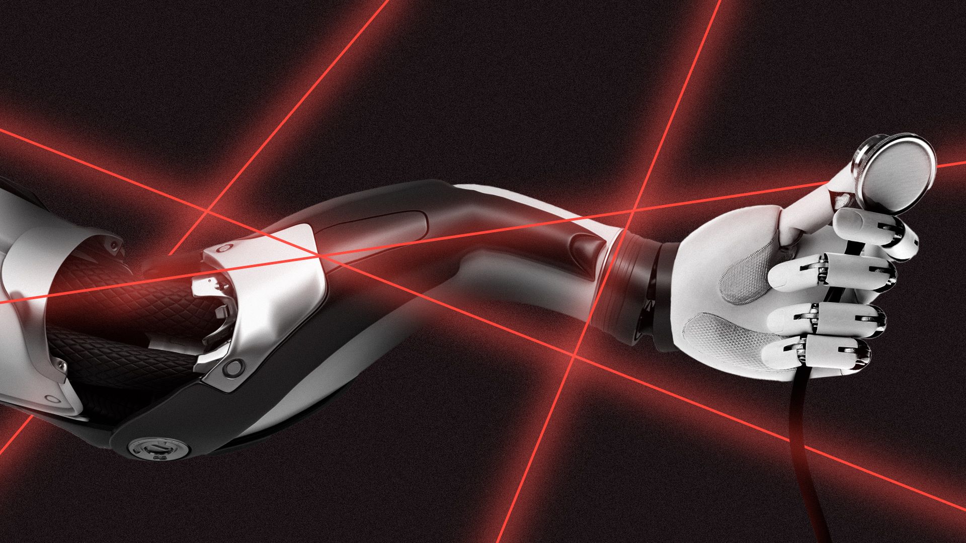 Illustration of a robot hand weaving in and out of red lasers holding a stethoscope. 