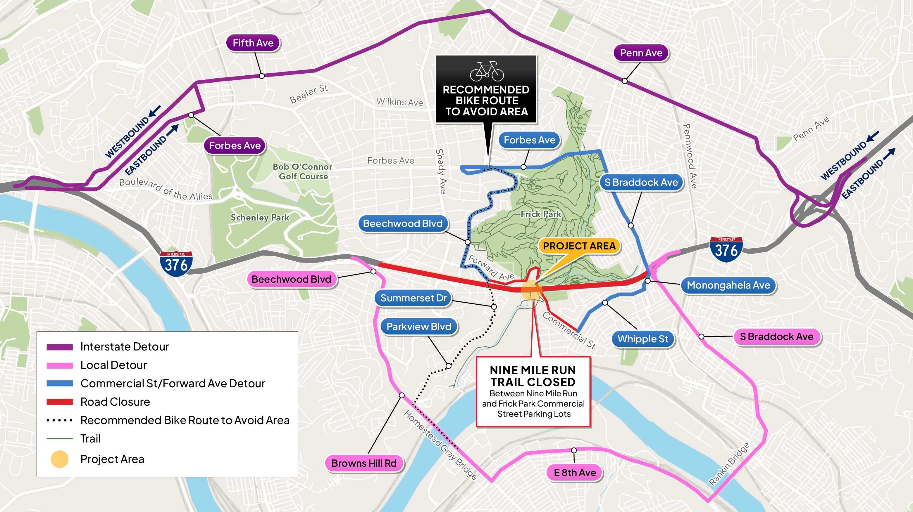 Bike detour map around Nine Mile Run with purple Interstate Detour, pink Local Detour, and blue trail routes; black label reads "Recommended Bike Route to Avoid Area"; Forbes Ave, Penn Ave, S Braddock Ave shown; orange Project Area.