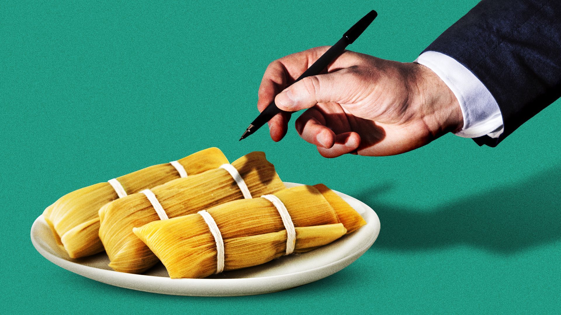 Illustration of a hand with a pen about to sign off on a plate of tamales.