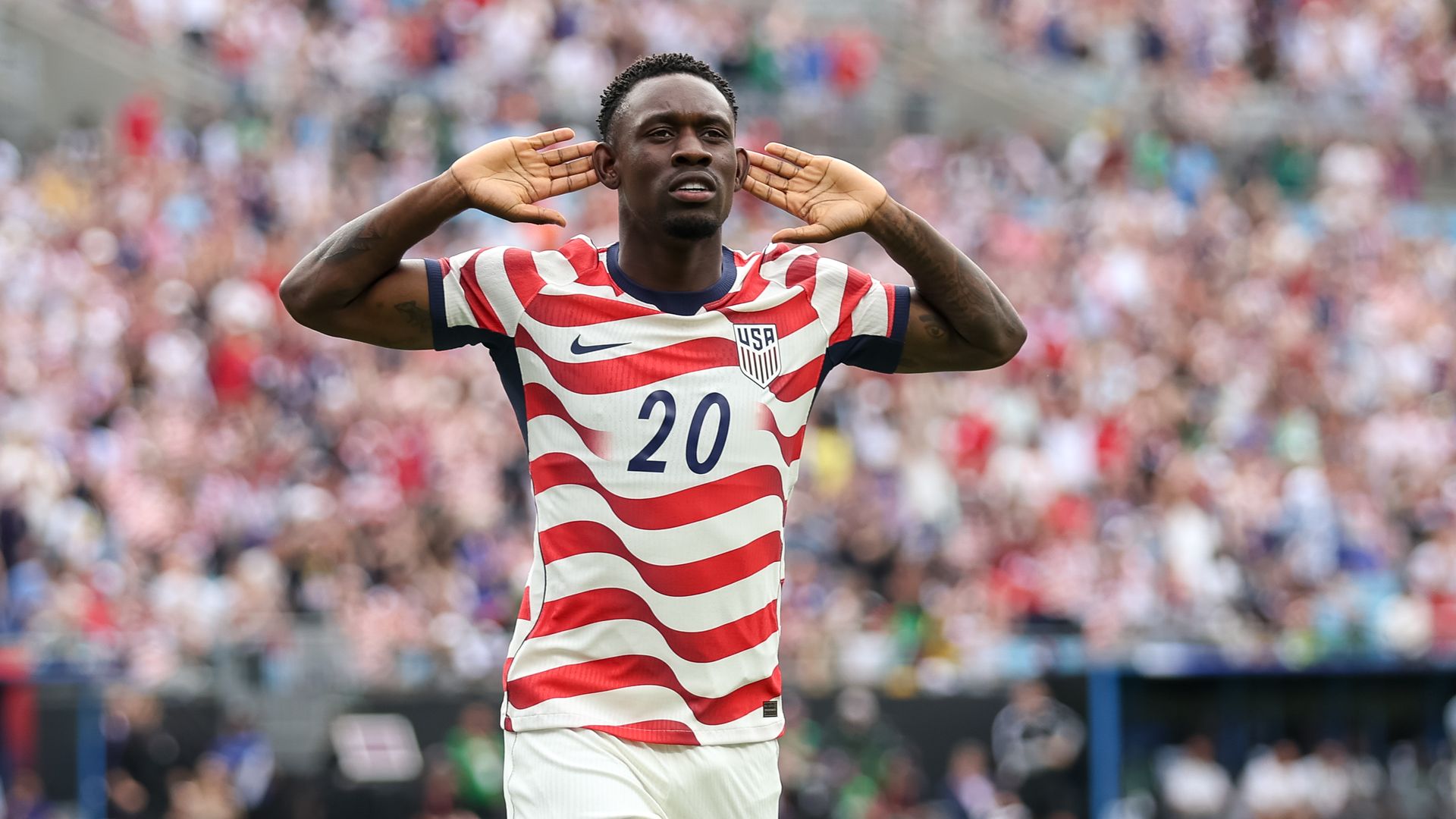 CHARLOTTE, NORTH CAROLINA - MAY 31: Folarin Balogun #20 of United States celebrates after scoring a goal during the second half of the international friendly match between United States and Senegal at Bank of America Stadium on May 31, 2026 in Charlotte, North Carolina. (Photo by Cory Knowlton/ISI P