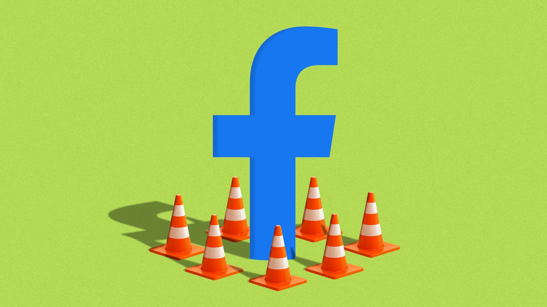 Illustration of the Facebook "f" surrounded by orange cones.