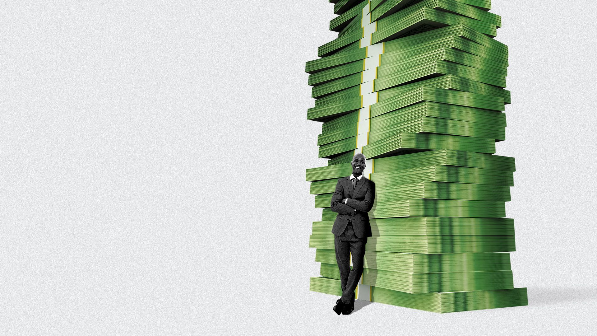 Illustration of a man leaning confidently against a large stack of money.