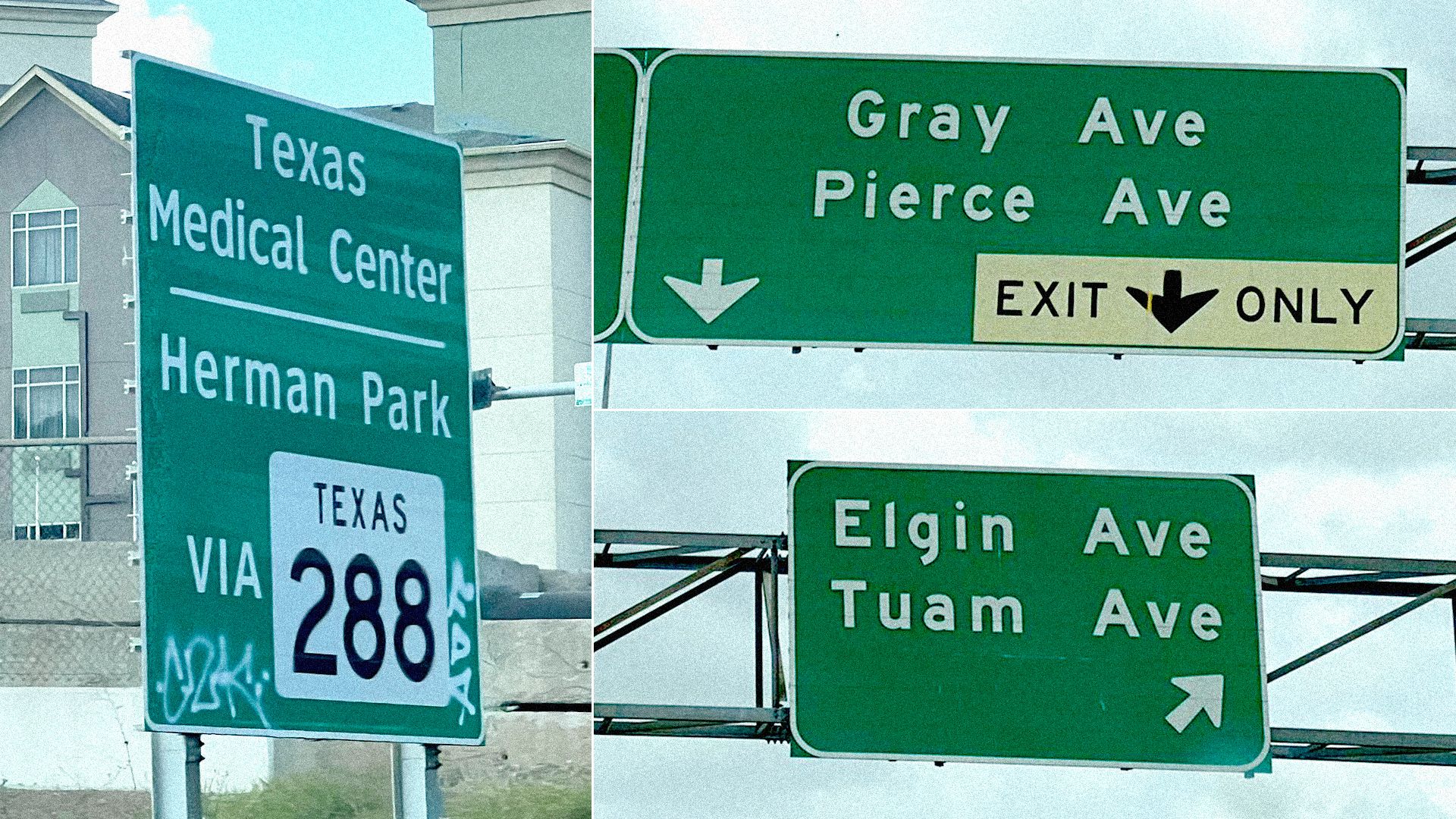 Three green highway signs in Texas showing exits for Texas Medical Center, Herman Park via Texas 288, Gray Ave and Pierce Ave exit only, and Elgin Ave and Tuam Ave exit.
