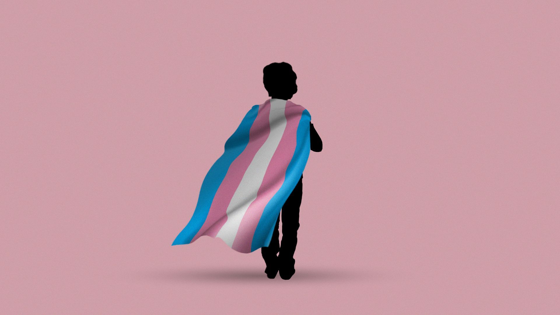 Illustration of a child in silhouette holding a transgender pride flag over their shoulders like a cape