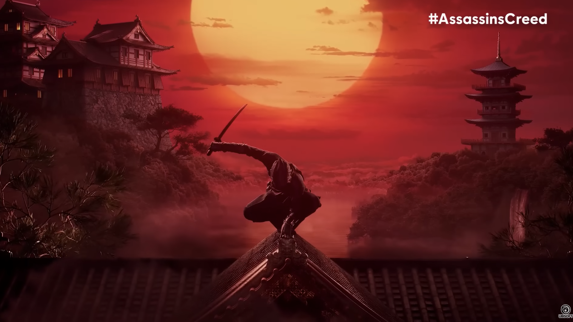 Video game image showing a ninja on a rooftop in front of a sunset