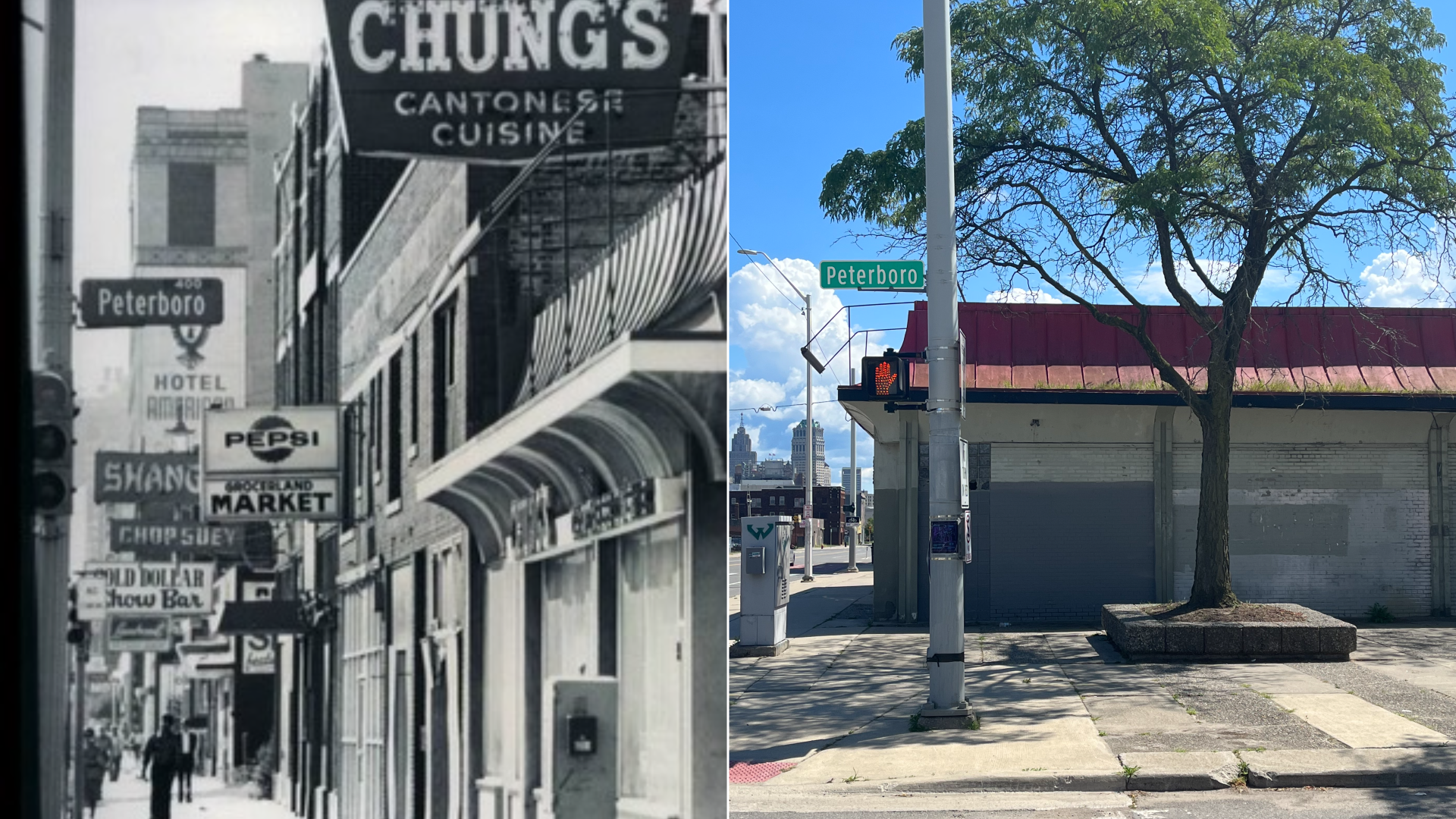 An old picture of Chung's restaurant, on the left, next to a present-day photo of the building