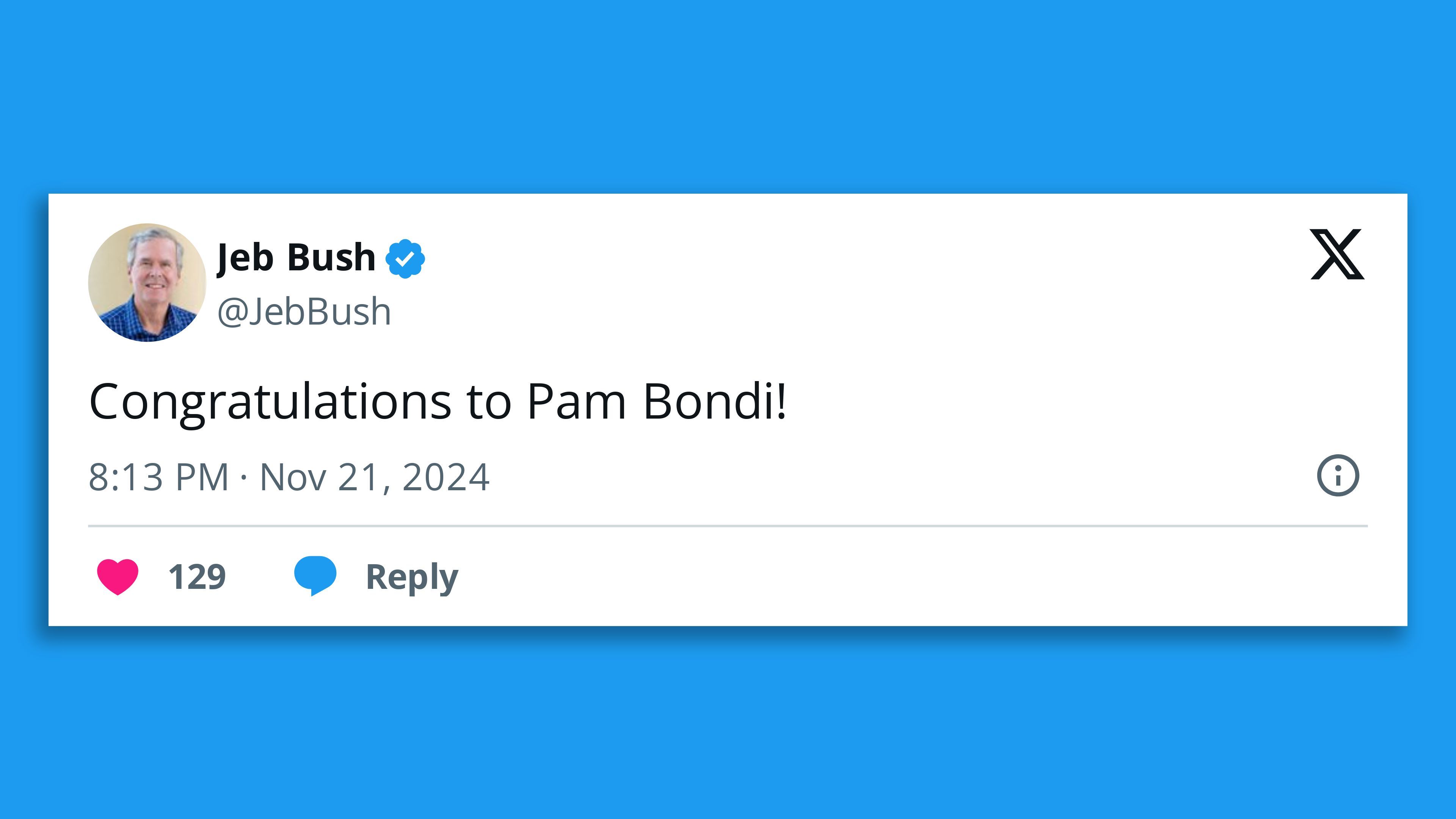 Screenshot of Jeb Bush tweeting, "Congratulations to Pam Bondi!"