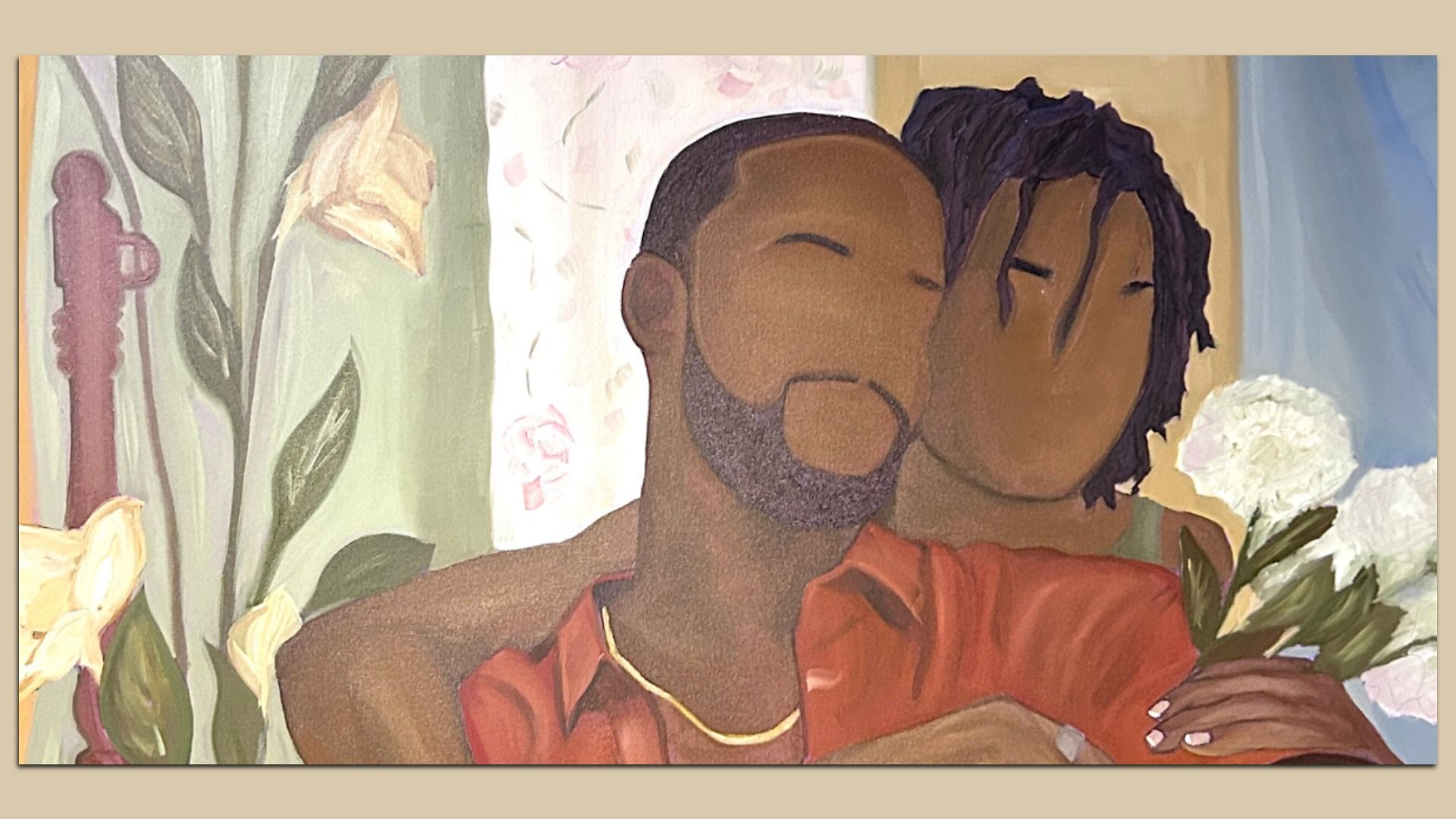 Painting of two faceless people embracing; one wearing a red shirt and gold necklace, the other holding white flowers, with floral curtains in the background.