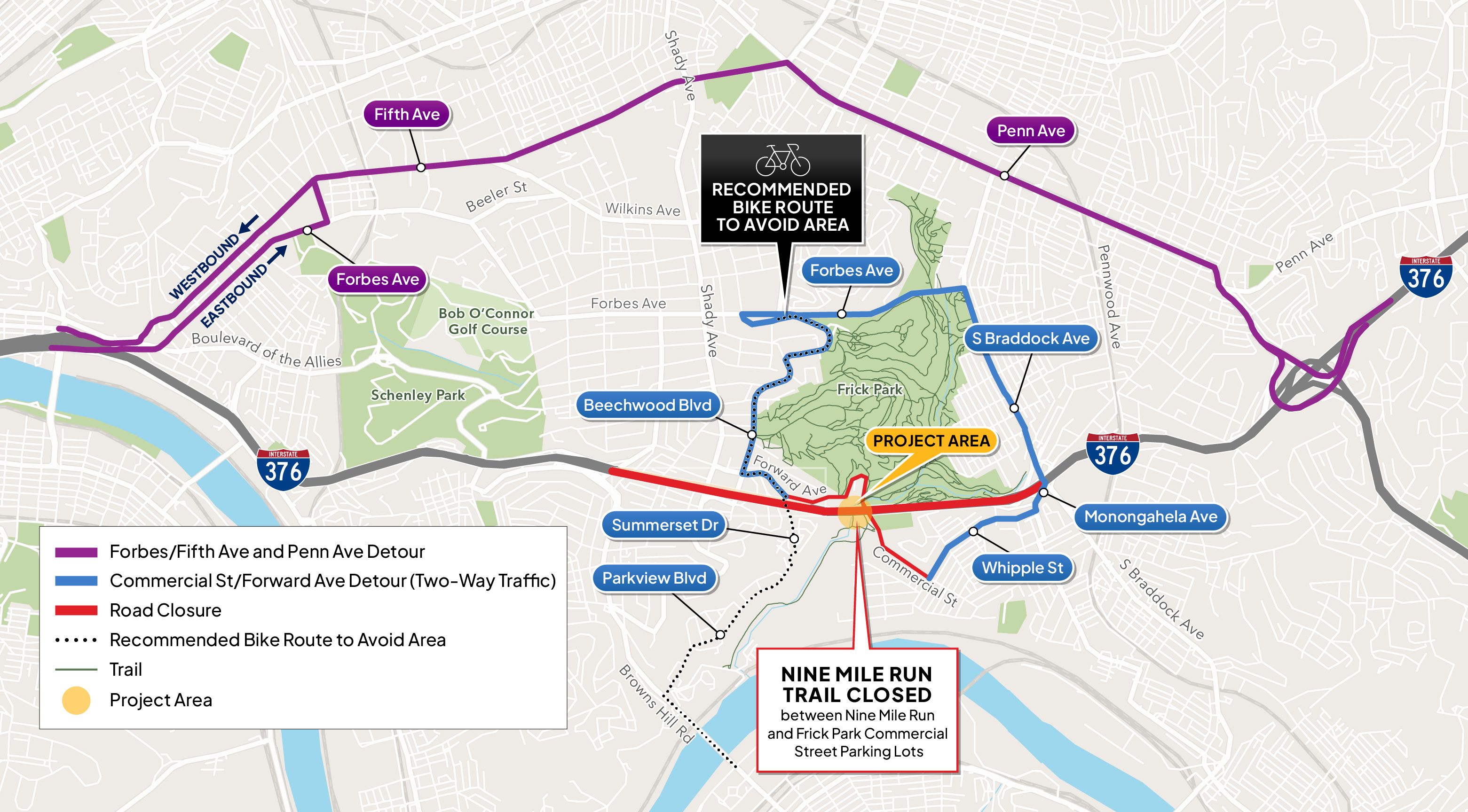 Map showing Nine Mile Run Trail closure with red line, project area in orange, detours in purple and blue, recommended bike route as dotted line, parks and street labels in Pittsburgh.