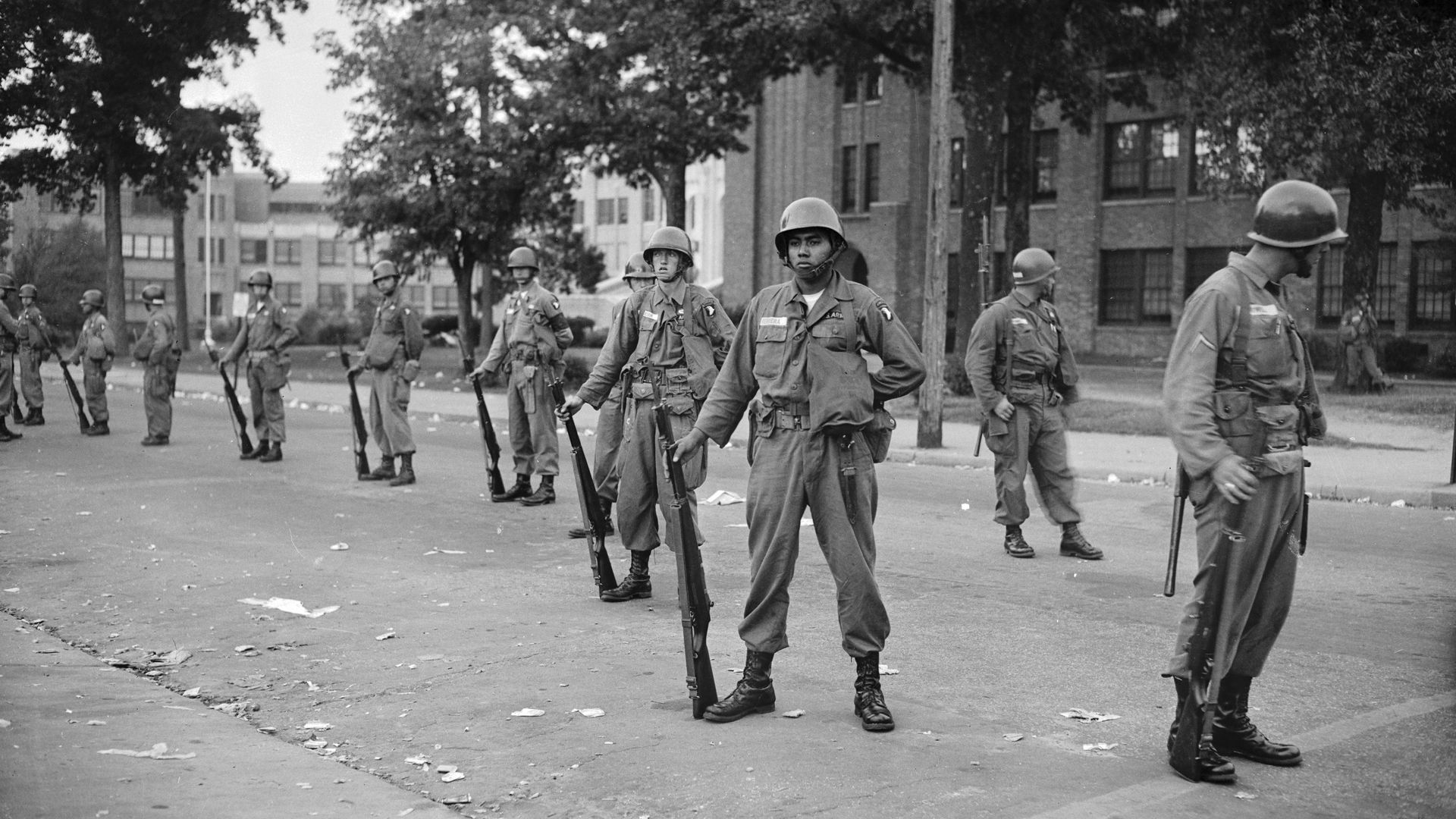 Troops outside Little Rock High School in 1957
