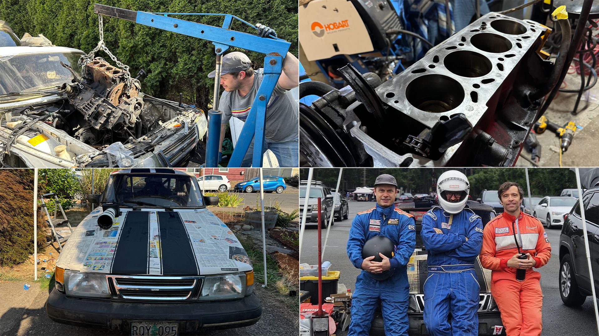Collage of car engine work and racing: lifting engine with hoist, close-up of engine block, vintage car hood covered in newspaper being painted with black stripes, three race drivers in suits posing by race car.