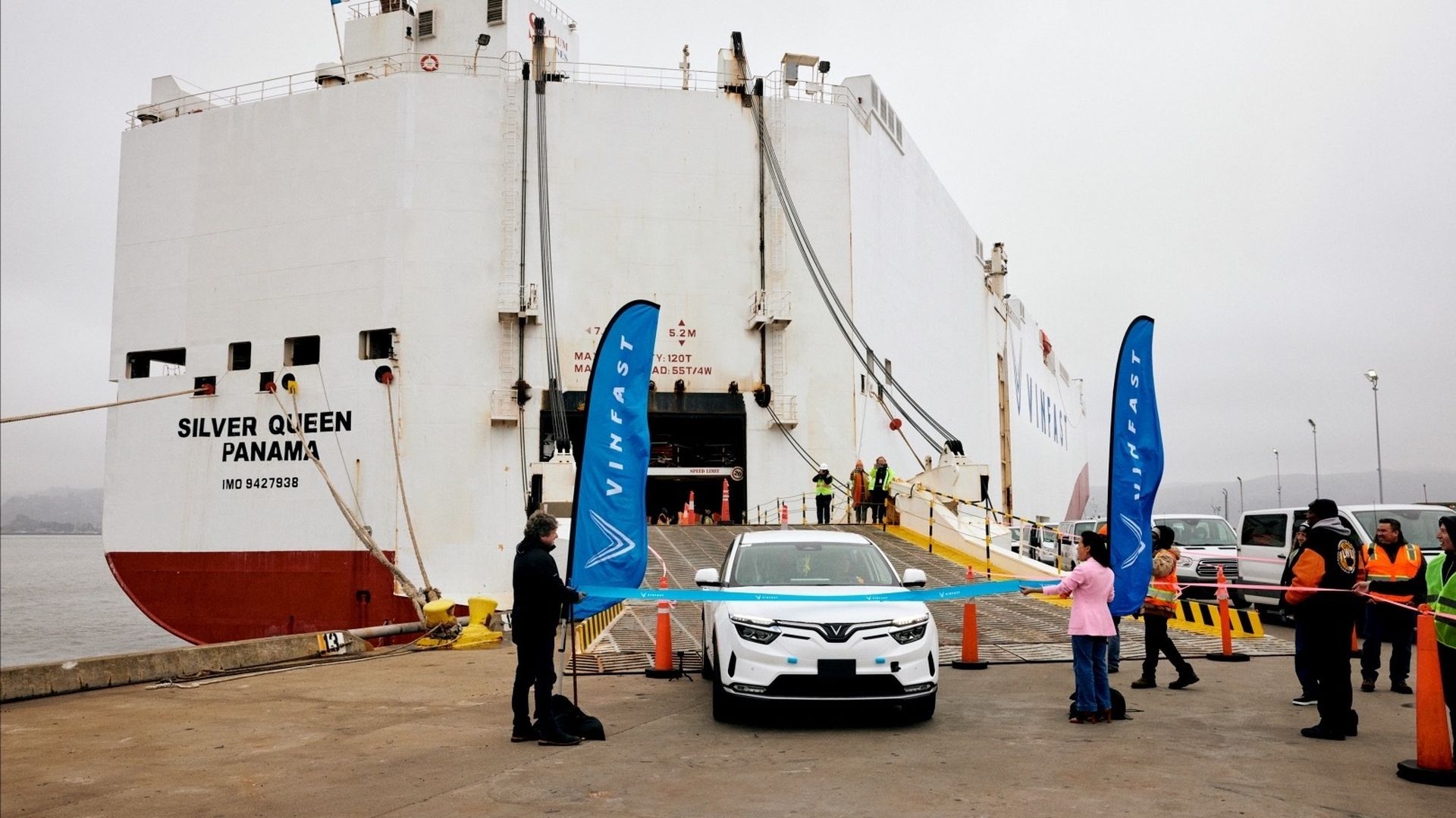 VinFast cars are offloaded from a cargo ship.