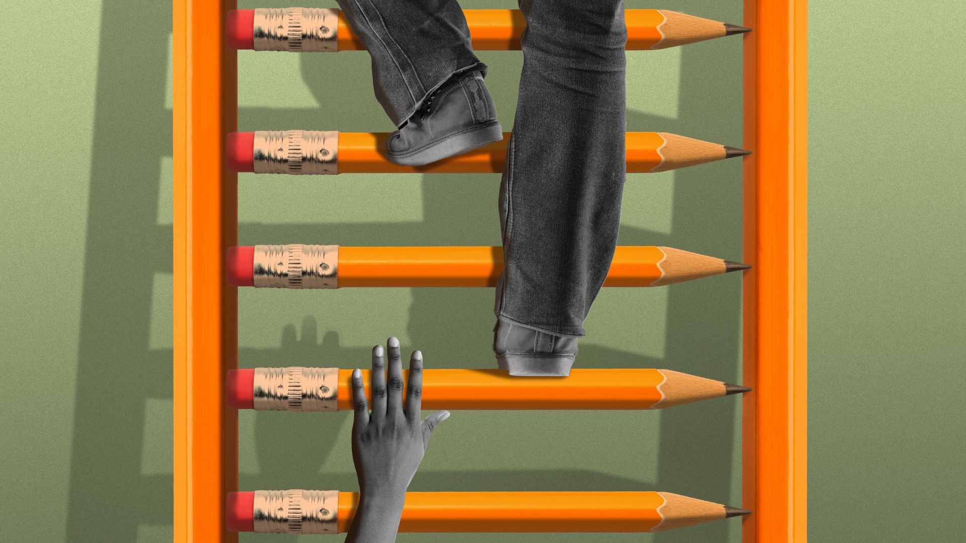 Illustration of people climbing up a ladder made of pencils