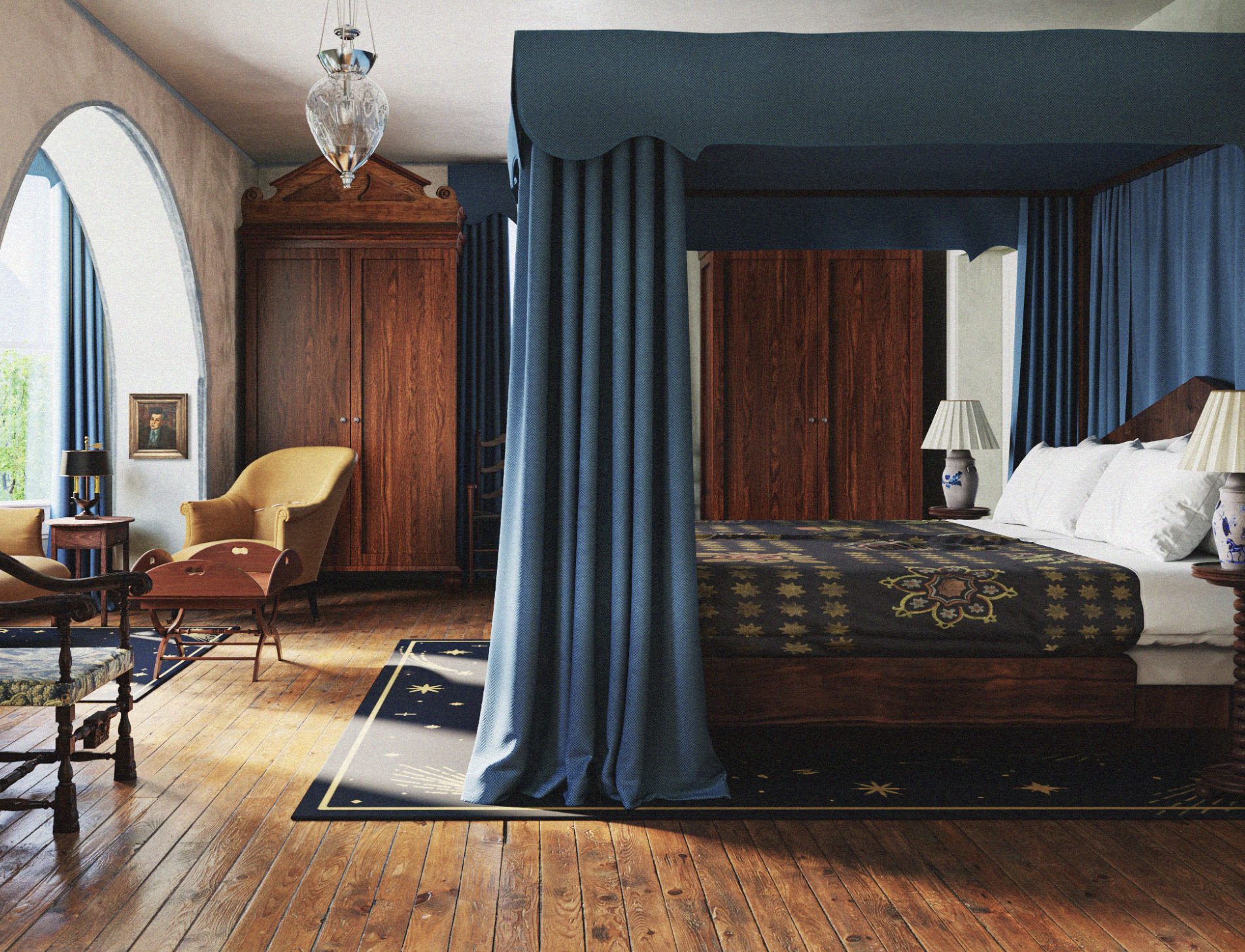 Inspired by the queen of fairies, Titania’s Veil is loosely reminiscent of the nearby Luray Caverns. This luxurious suite is draped in a celestial blue with a king-size canopy bed, arch-covered seating nook, large bay windows and a freestanding bathtub.