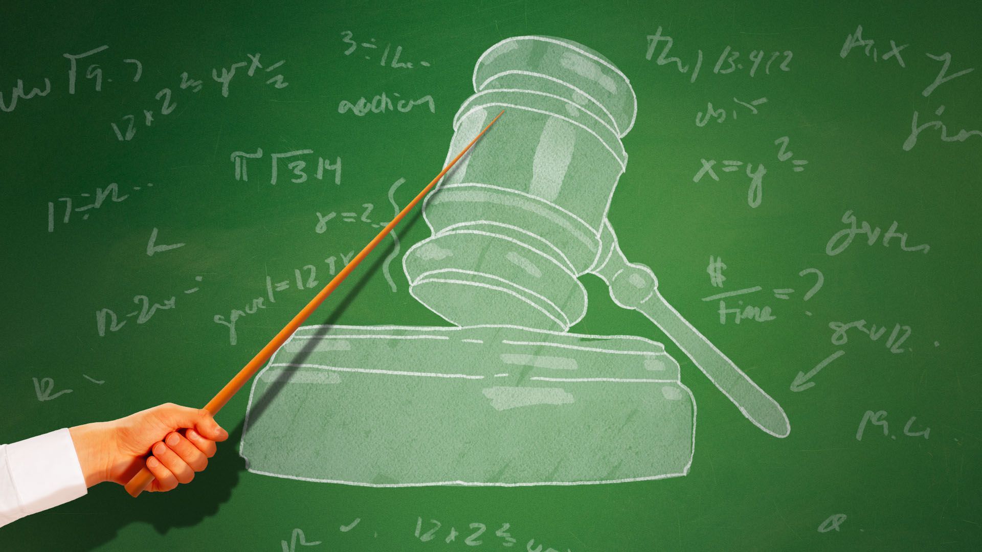 Illustration of a scientist pointing to a blackboard with a gavel drawn on it
