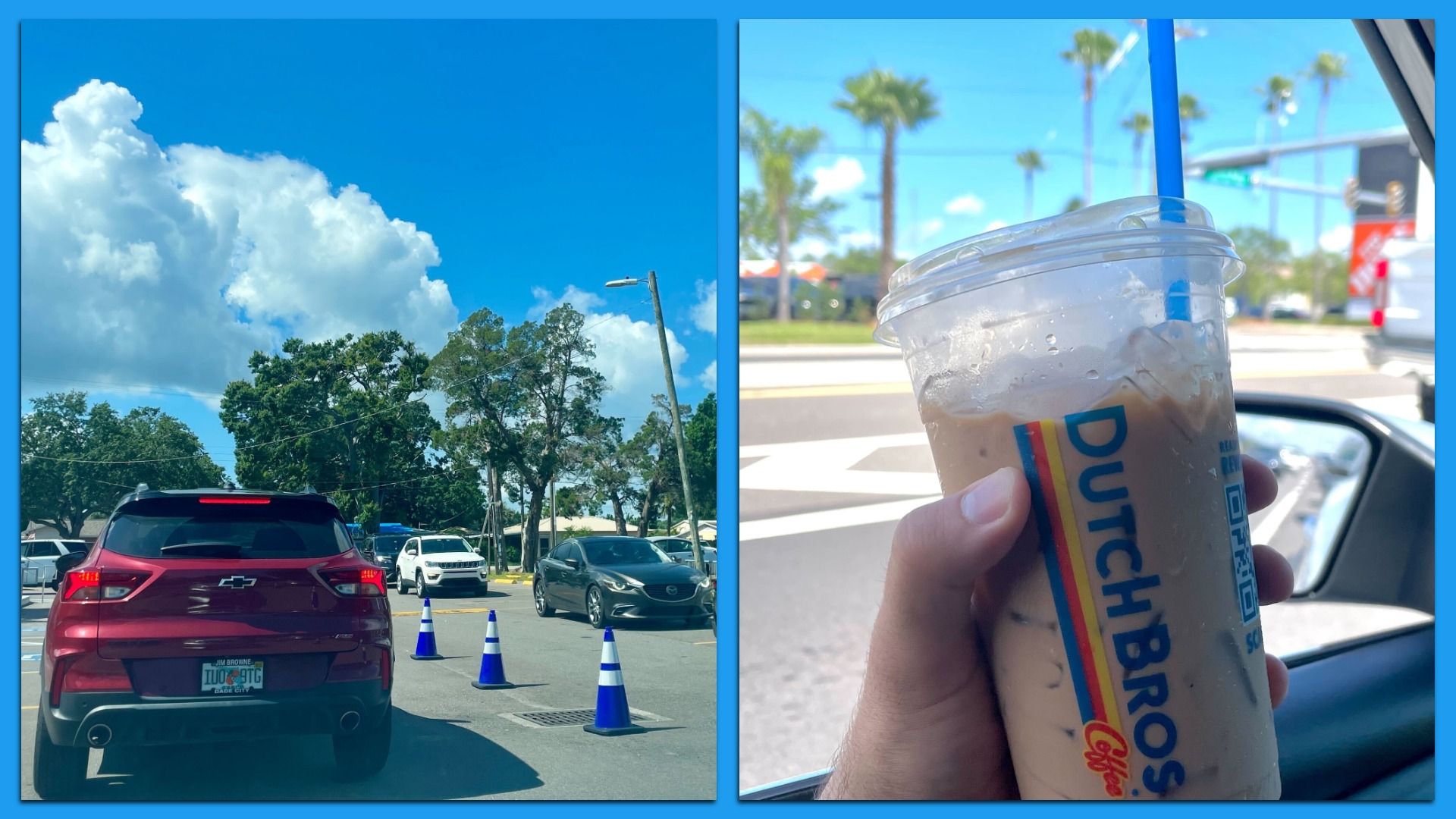 Left: A line of cars. Right: A Dutch Bros. caramelizer.