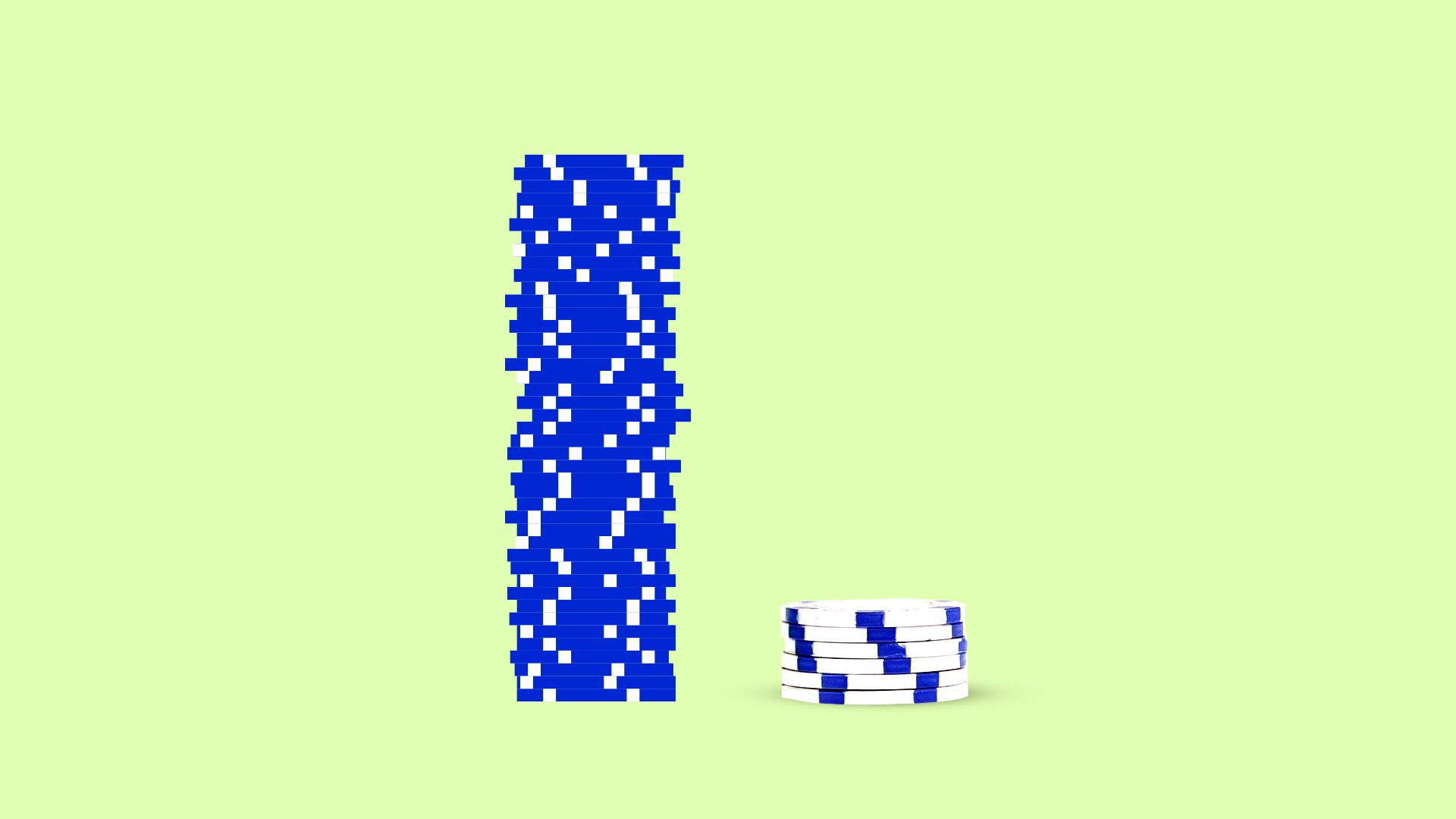 Illustration of a stack of digital poker chips next to a smaller stack of real poker chips