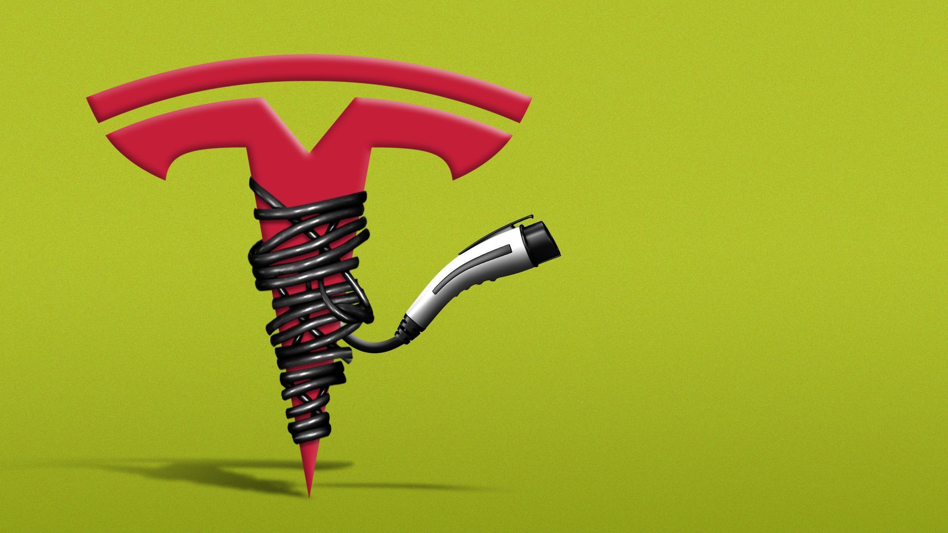 Illustration of the Tesla logo being wrapped up in an EV charging cord.