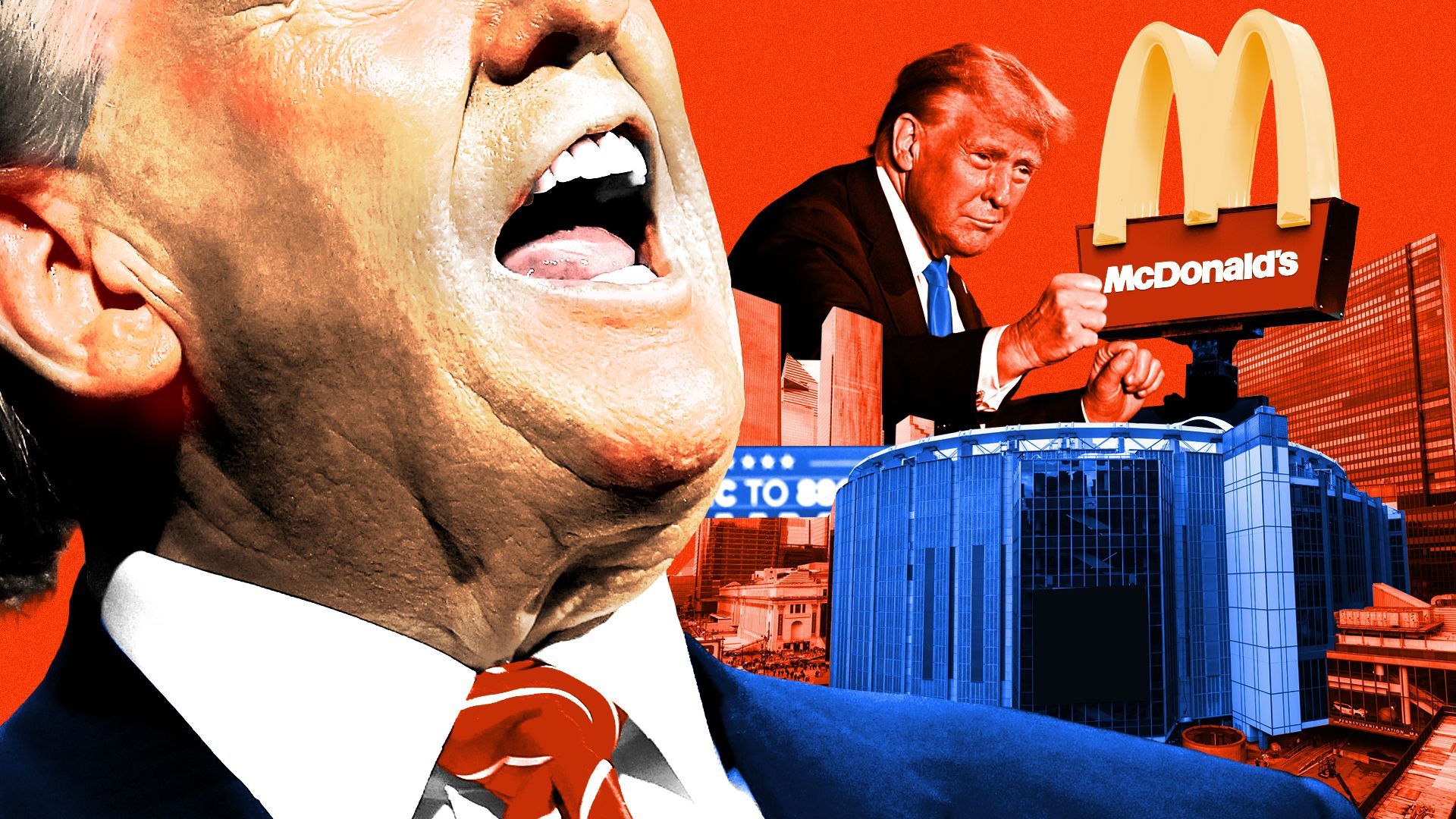 Photo illustration of Donald Trump, a McDonald's sign, Madison Square Garden, and Trump dancing at a campaign event