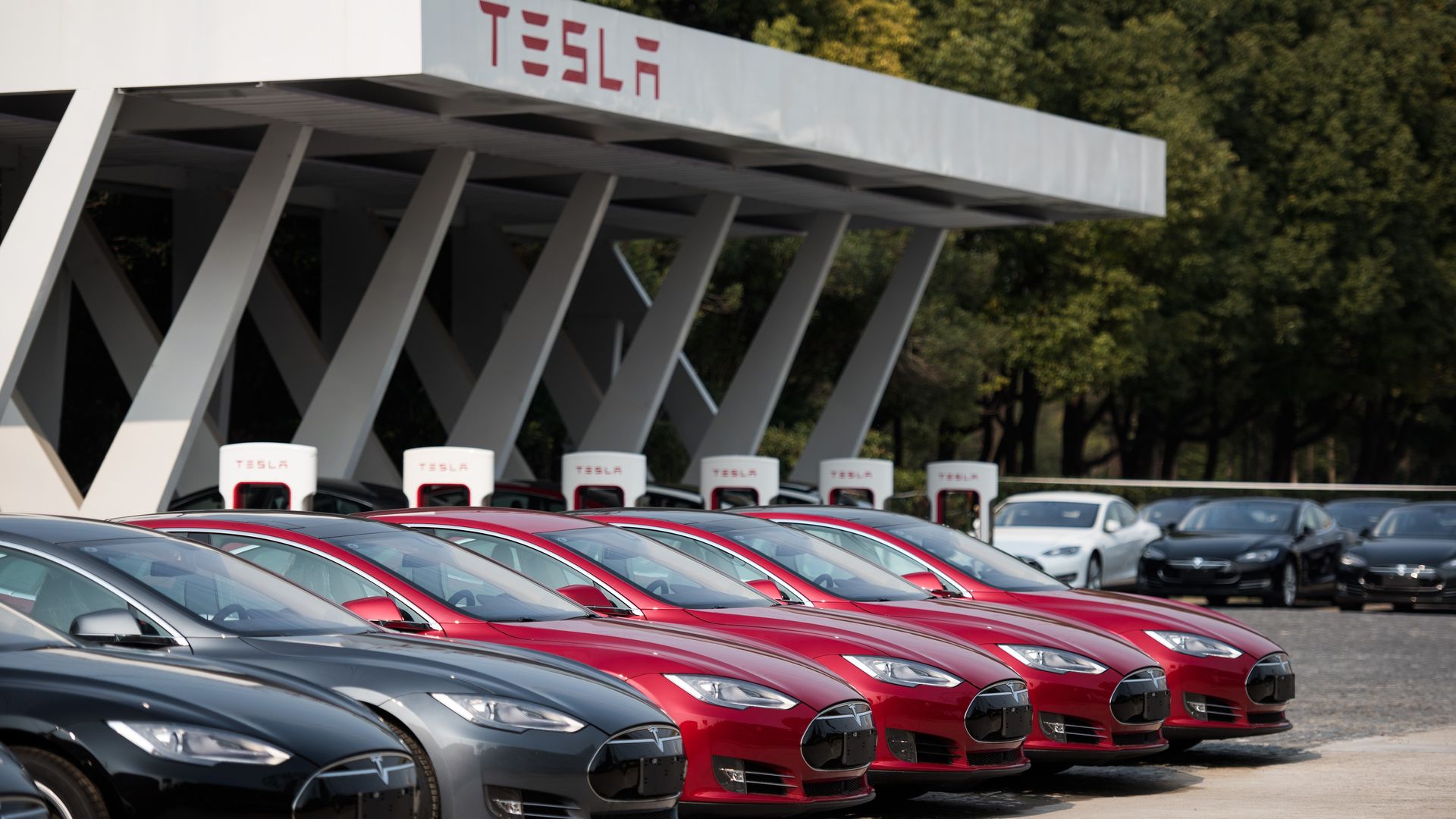Line up of red Tesla cars at a car dealership outside. 