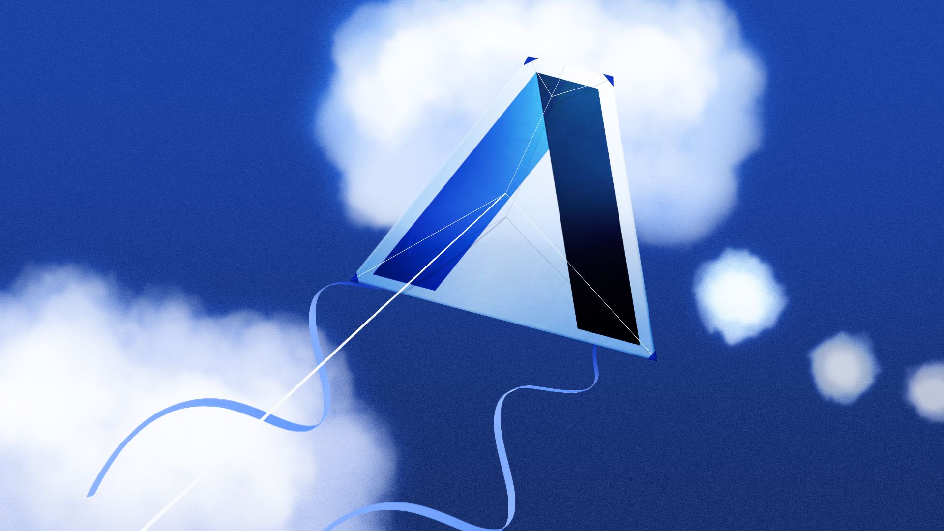 Illustration of an Axios logo as a kite flying in the sky in front of clouds shaped like thought bubbles