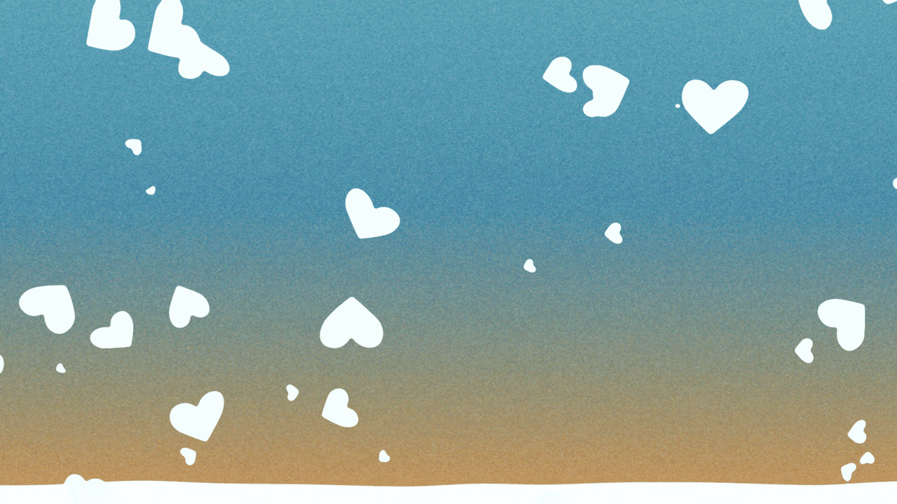 Animated illustration of a snowstorm with hearts for snowflakes.
