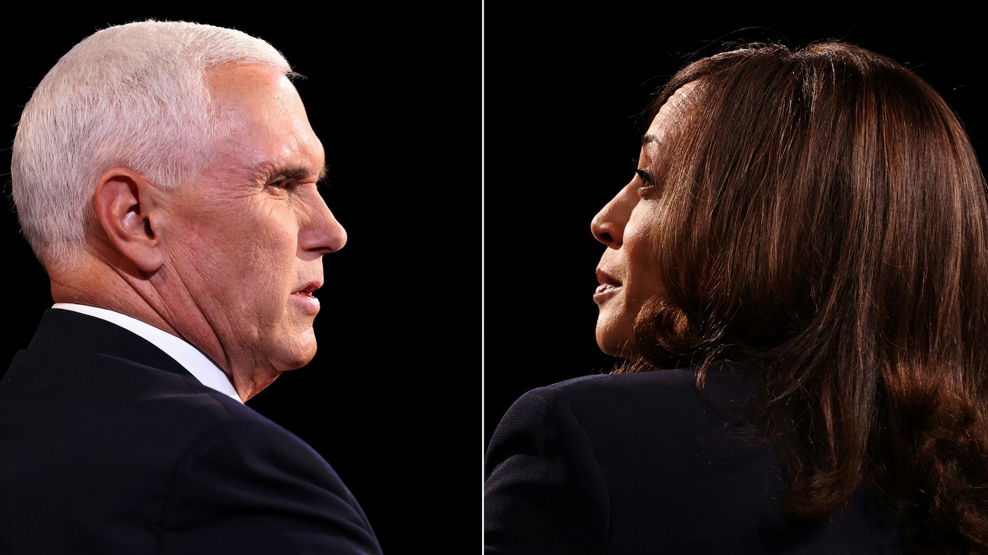A split photo of Mike Pence on the left and Kamala Harris on the right looking at each other