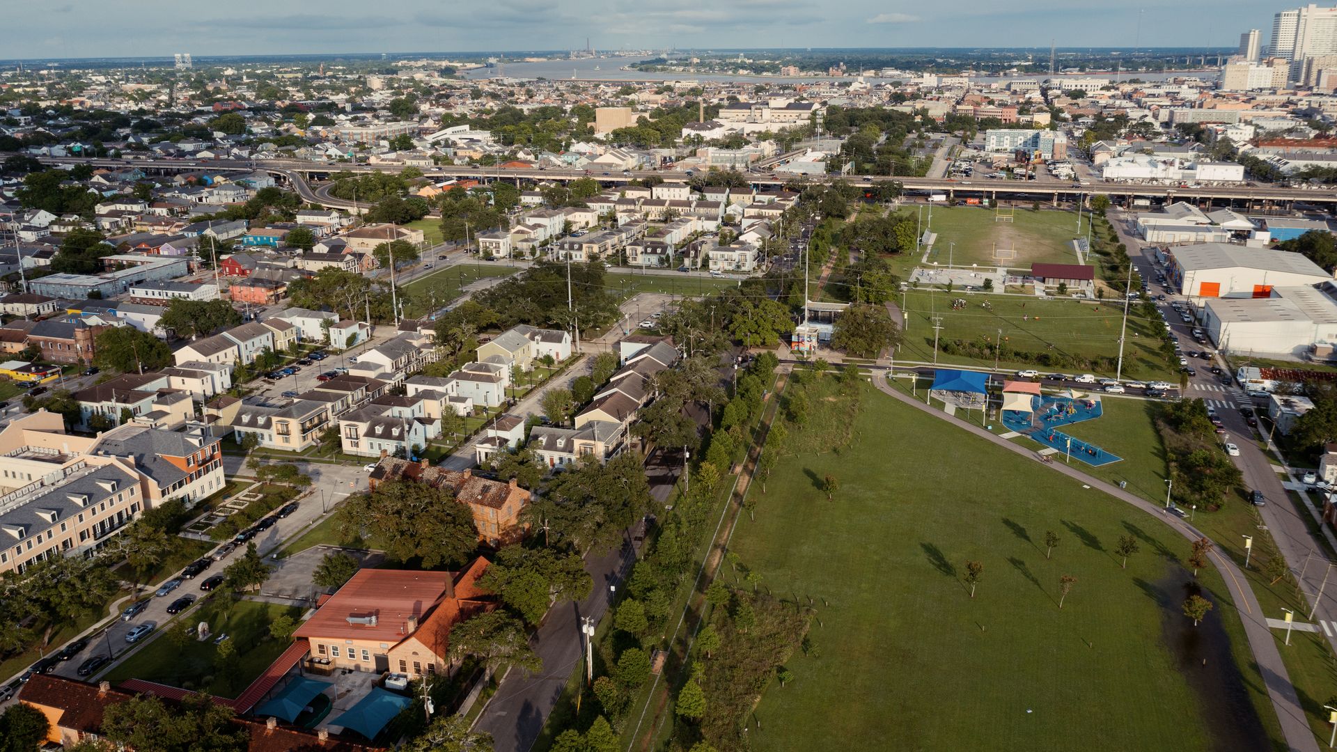 Image shows an aerial view of the Lafitte Greenway in Orleans.