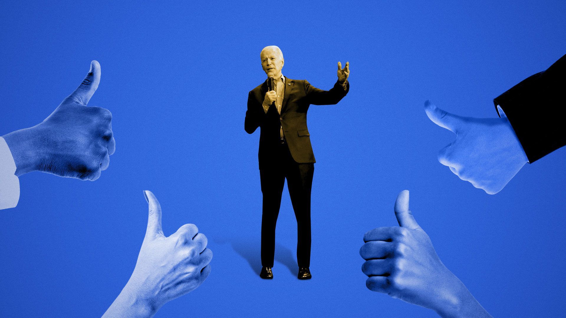 Illustration of Joe Biden surrounded by diverse thumbs up