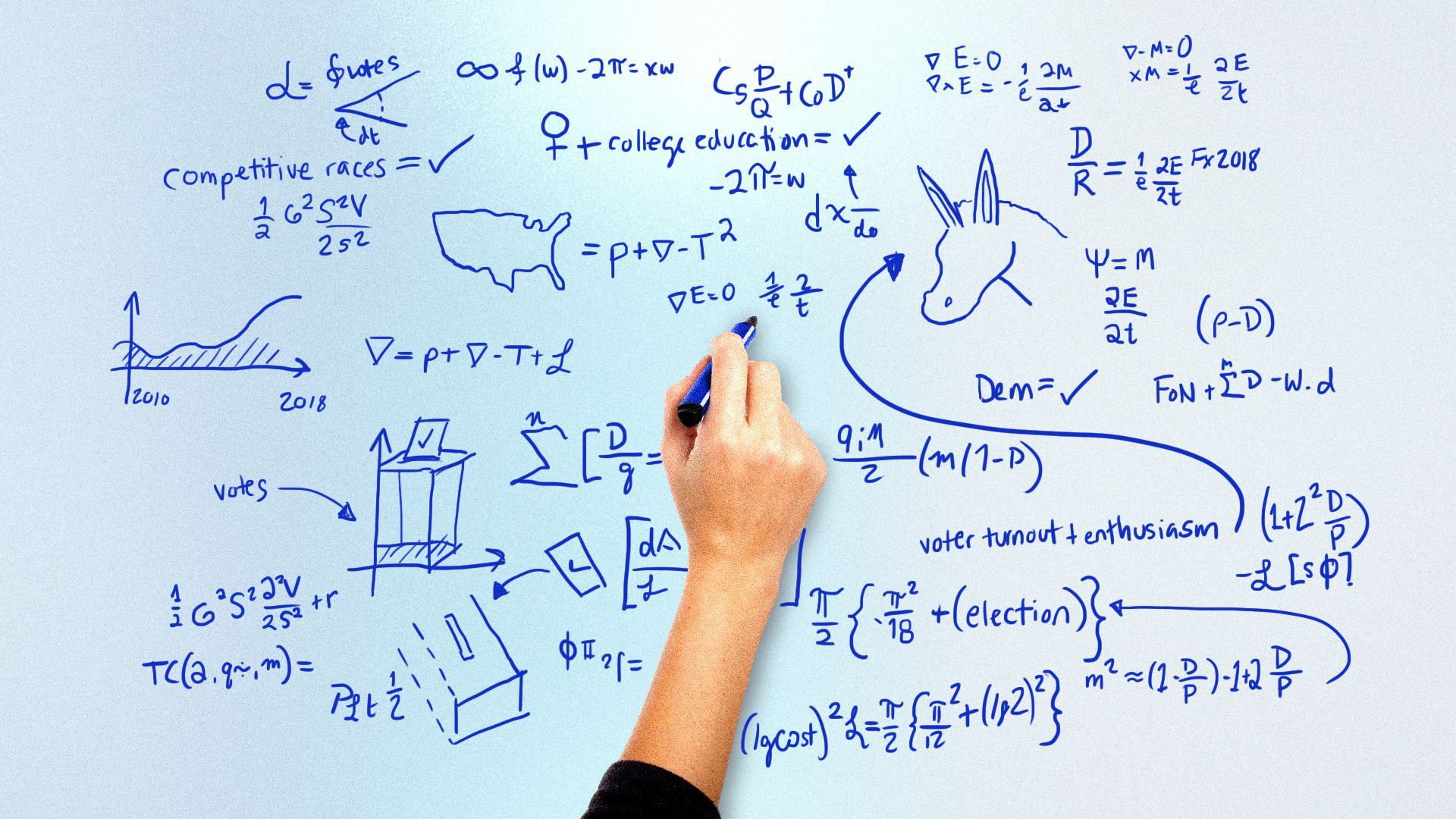 An illustration shows a hand on a blackboard outlining redistricting options.